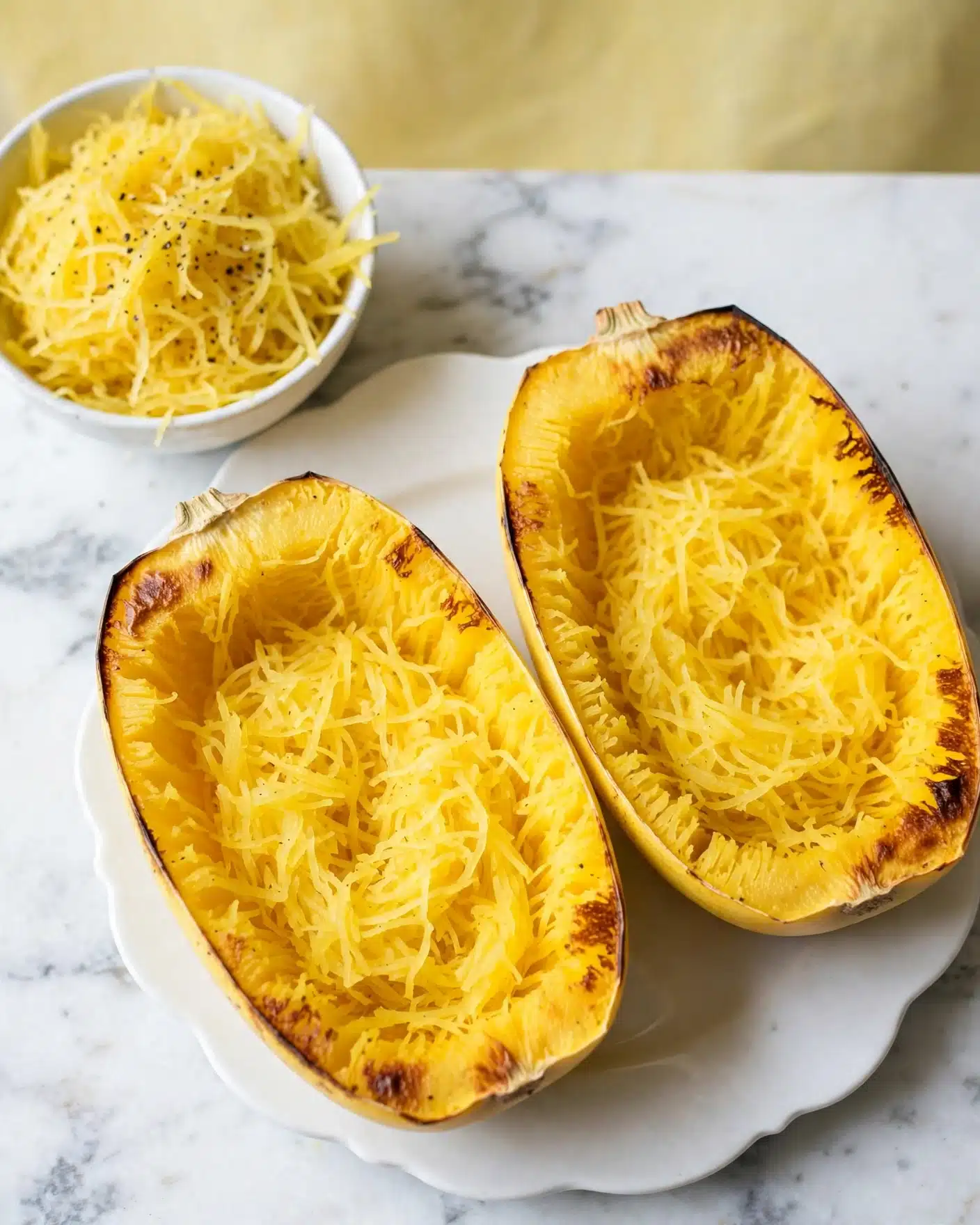 Cheesy Broccoli Spaghetti Squash Recipe 4 Two halves of cooked spaghetti squash are placed side by side on a white plate with a scalloped edge, showing their bright yellow flesh with stringy, noodle-like strands inside. The outer skin of the squash is a light yellow with brown roasted spots along the edges. To the upper left, there is a white bowl filled with extra scraped spaghetti squash strands, seasoned with black pepper flakes. The whole scene is set on a white marbled surface with a soft yellow background. photo taken with an iphone --ar 4:5 --v 7
