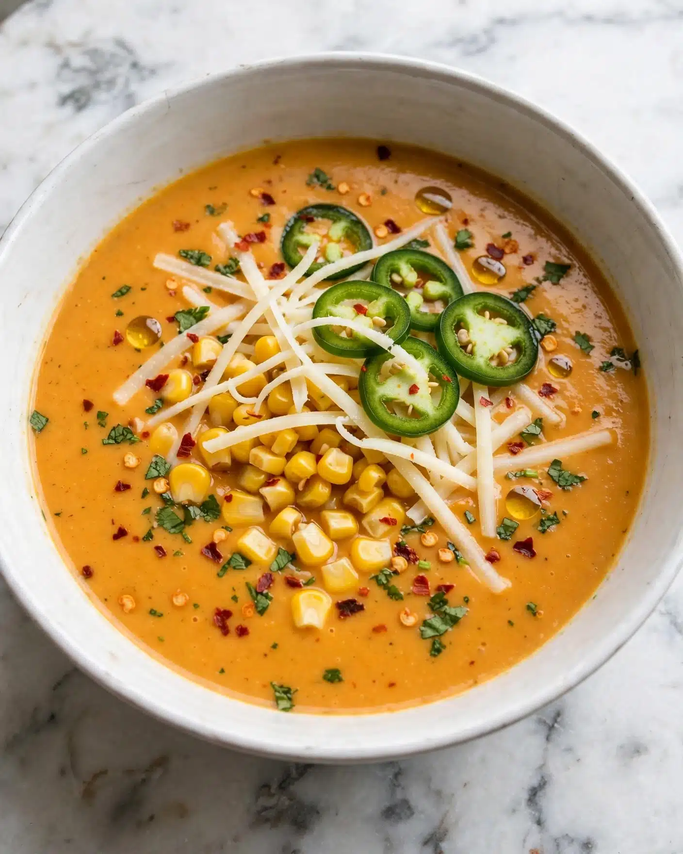 A white bowl filled with creamy orange soup as the base layer, topped with small yellow corn kernels scattered in the center. Over the corn are thin white cheese strips spread lightly, and bright green jalapeño slices placed on top, some overlapping the cheese and corn. Red chili flakes and finely chopped green herbs are sprinkled across the surface, adding specks of red and green colors on the soup. The bowl sits on a white marbled surface. photo taken with an iphone --ar 4:5 --v 7