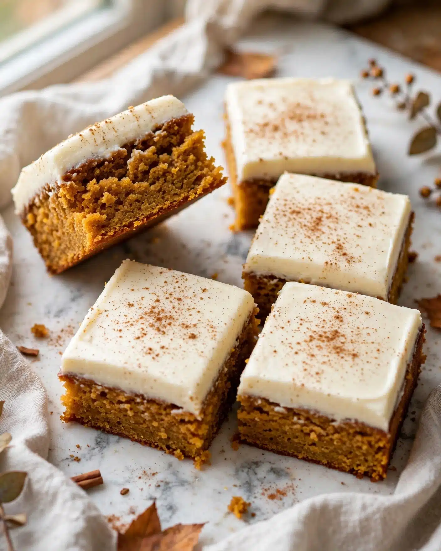 Easy Pumpkin Bars with Cream Cheese Frosting Recipe 4 The image shows several square pieces of cake with one piece slightly lifted, revealing a soft, moist, orange-brown cake layer with a crumbly texture. Each piece is topped with a thick, even layer of white frosting that looks smooth and creamy, sprinkled lightly with a dusting of brown powder. The cakes are arranged closely together on a white marbled surface. photo taken with an iphone --ar 4:5 --v 7