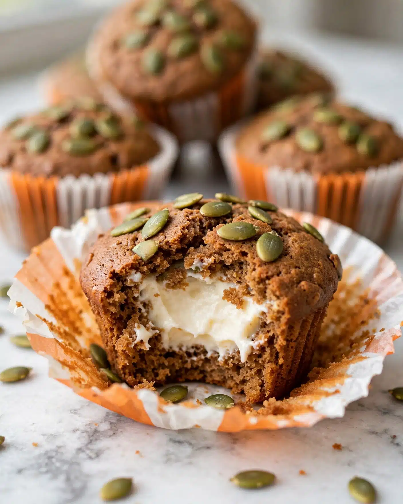 A close-up view of a partly eaten brown muffin with a soft white creamy center inside, topped with green pumpkin seeds scattered on top and around it. The muffin rests inside an open, slightly crumpled white and orange paper liner, sitting on a white marbled surface with a few pumpkin seeds scattered below. In the softly blurred background, there are more whole muffins with similar brown color and green seeds, also in white paper liners. The lighting is bright and natural, highlighting the texture of the muffin crumb and creamy filling. Photo taken with an iphone --ar 4:5 --v 7