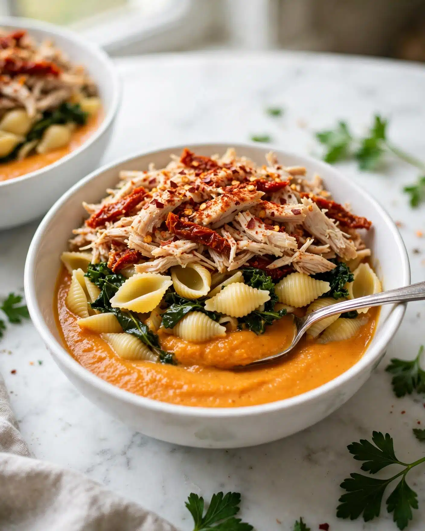 Creamy Marry Me Chicken Soup (30-Minute Recipe!) Recipe 5 A white bowl filled with creamy soup showing three clear layers: the bottom rich orange cream base, the middle layer with yellow pasta shells and dark green leafy vegetables, and the top layer featuring shredded light beige chicken mixed with red sun-dried tomatoes and sprinkled with reddish spices. A silver spoon rests on the bowl’s edge, dipping into the soup. The background shows part of another similar bowl on a white marbled surface with green parsley leaves nearby. photo taken with an iphone --ar 4:5 --v 7