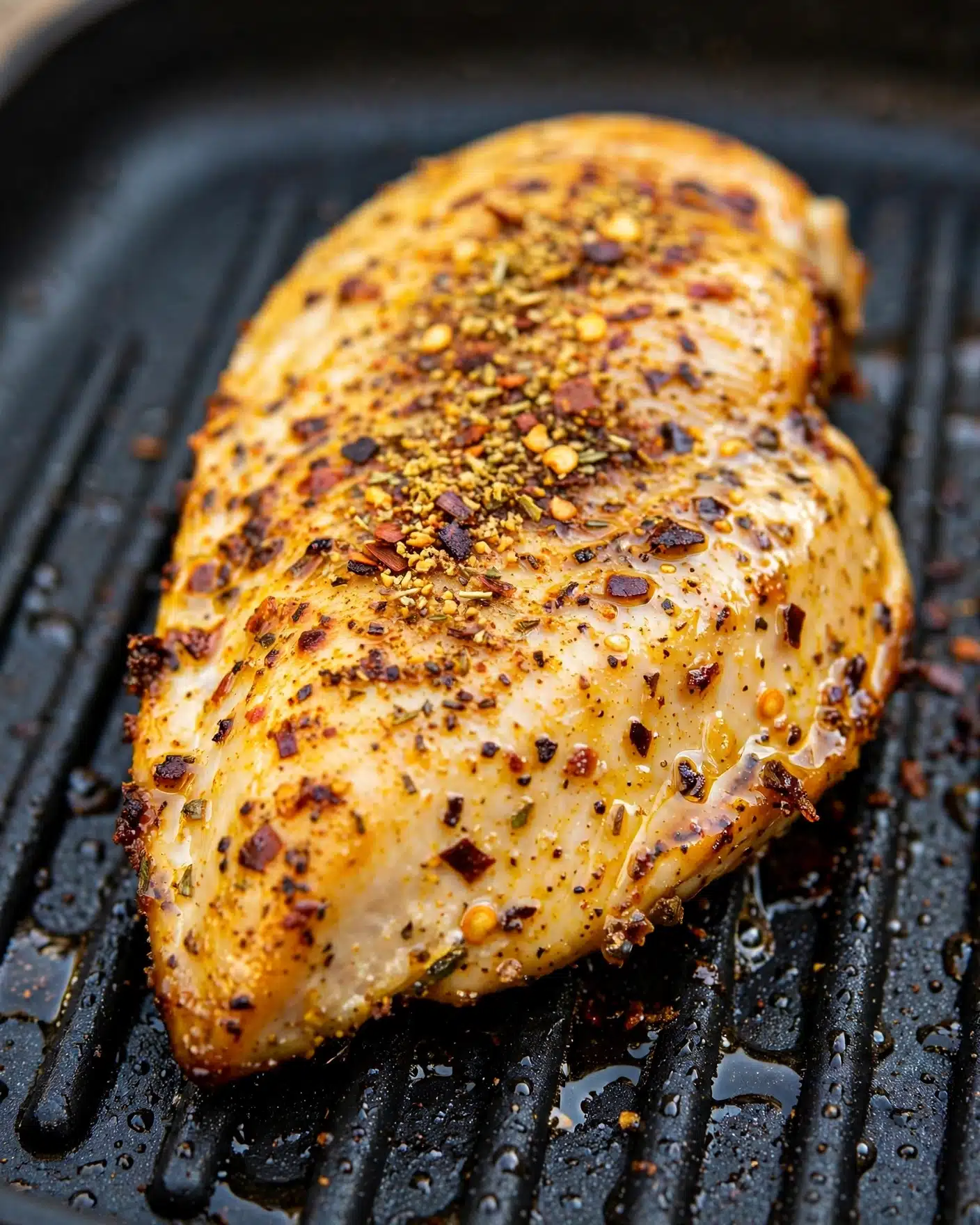 Greek Chicken Bowls with Tzatziki and Veggies Recipe 4 A close-up image of a single seasoned white chicken piece cooking on a black grill pan. The chicken is thick and plump, covered with a light yellowish layer mixed with dark brown and reddish spices scattered mostly on the top surface. The grill pan underneath has visible raised lines and a textured non-stick pattern. The lighting highlights the slight oil sheen on the chicken and the crisp edges where the spices have roasted. Photo taken with an iphone --ar 4:5 --v 7