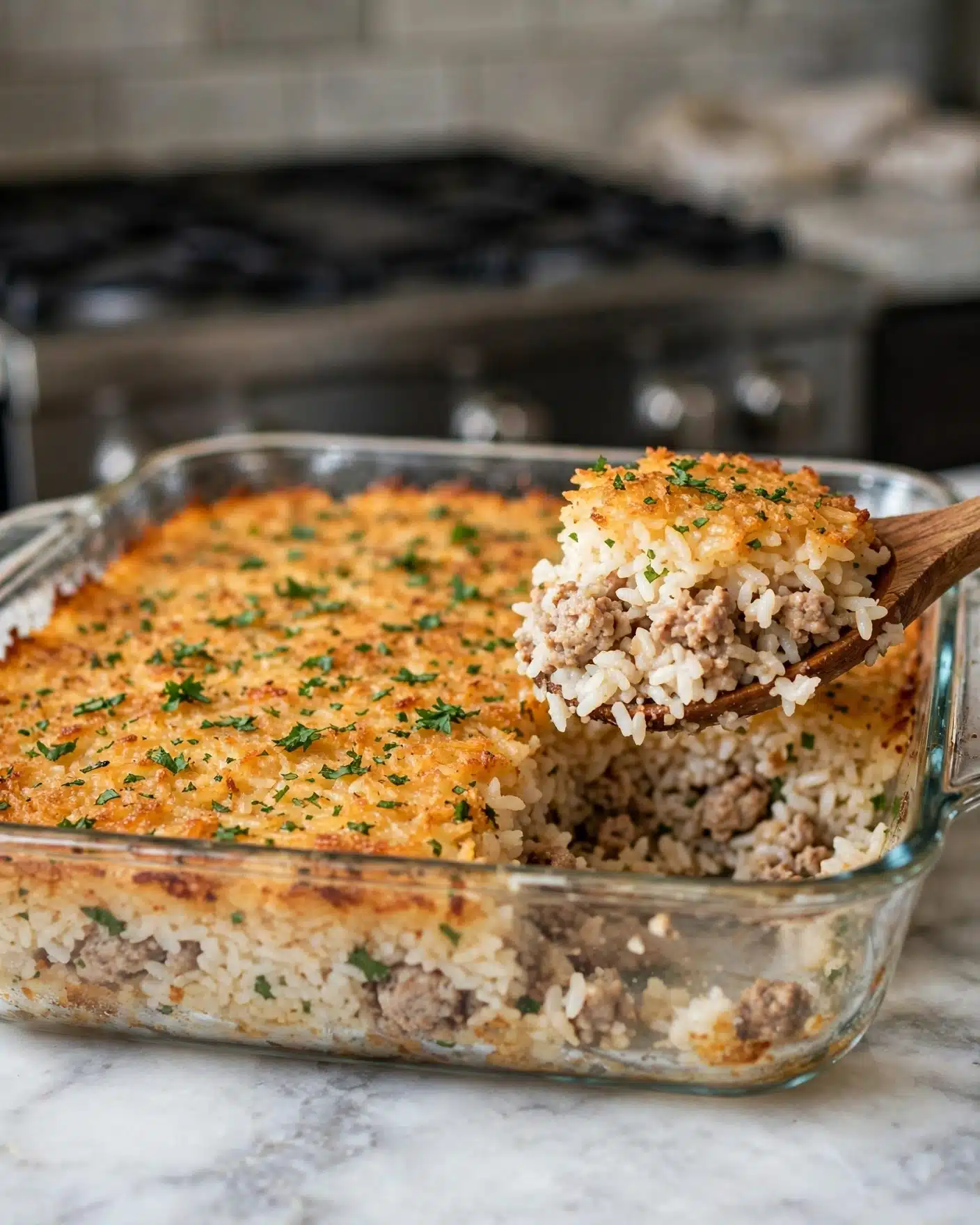 Creamy Chicken and Rice Casserole Recipe 4 A glass baking dish filled with a single thick layer of baked rice topped with small green herb pieces scattered evenly on the golden-brown surface. A wooden spoon scoops up a portion from the dish, showing a close-up of cooked white rice mixed with small pieces of light brown meat underneath the crispy top layer. The whole dish sits on a white marbled surface with a hint of a stove in the background. photo taken with an iphone --ar 4:5 --v 7