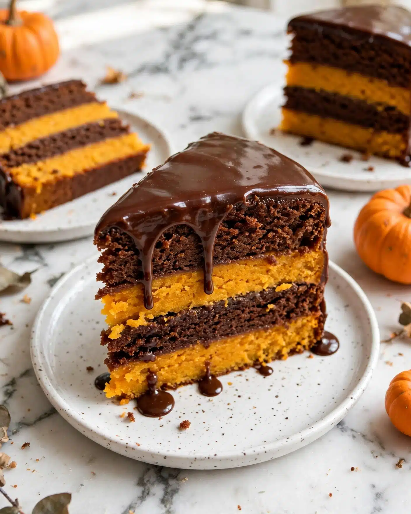 Vegan Pumpkin Marble Cake with Chocolate Ganache Recipe 5 A close-up of a thick slice of two-layered cake on a white speckled plate placed on a white marbled surface. The cake has four visible layers, two dark brown chocolate layers alternating with two bright orange pumpkin layers, creating a striped pattern. The top layer is half covered with a shiny chocolate glaze that drips slightly onto the plate. Around the main plate, there are more slices of the same cake on white plates and small orange pumpkins, adding a warm seasonal touch. Photo taken with an iphone --ar 4:5 --v 7