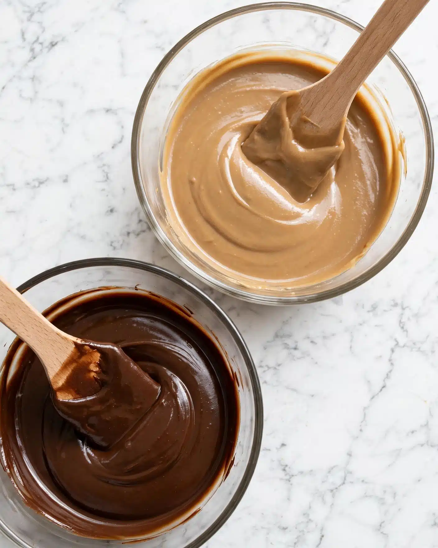 Vegan Pumpkin Marble Cake with Chocolate Ganache Recipe 4 The image shows two clear glass bowls on a white marbled surface. The top bowl contains a smooth, thick layer of light brown paste with a wooden spatula resting inside, covered partially with the paste. The bottom bowl holds a rich, dark brown paste with a wooden spatula placed inside, also covered with some of the paste. Both pastes have a glossy, creamy texture, and the bowls are positioned side by side with the top bowl slightly to the right. The bright, even lighting highlights the smooth textures of the pastes and the clear glass bowls photo taken with an iphone --ar 4:5 --v 7
