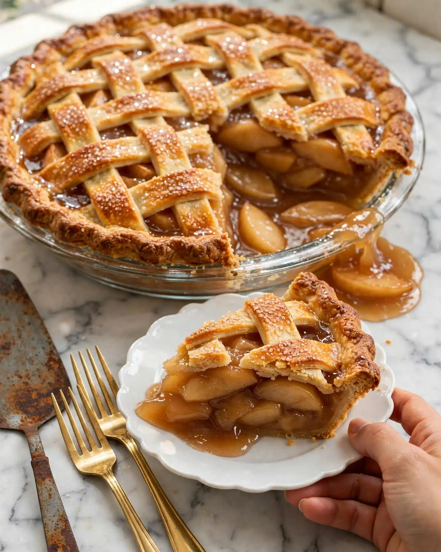 Easy Apple Pie with Canned Filling and Fresh Cinnamon-Nutmeg Flavors Recipe 5 The image shows a close-up of a round apple pie with a lattice crust on top, placed in a clear glass pie dish. The crust is golden brown, flaky, and slightly shiny with visible sugar crystals. The filling is made of warm, soft apple slices in a rich, amber-colored syrup that is slightly spilling out from the cut section. A slice of the pie is served on a white plate with scalloped edges, showing the thick layers of apples inside. The background features a white marbled surface with a rusty pie server and two golden forks nearby. A woman's hand is gently holding the small pie plate. Photo taken with an iphone --ar 4:5 --v 7