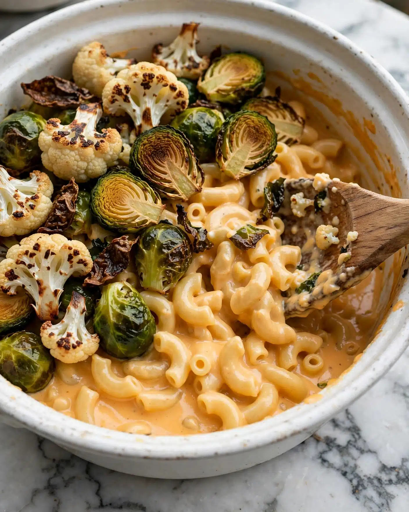 Pumpkin Mac and Cheese with Roasted Veggies Recipe 4 The dish shows a close-up of creamy macaroni pasta with a smooth, light orange cheese sauce base layer filling the pot. On top, there is a layer of roasted Brussels sprouts that are deep green with browned, crispy edges mixed with roasted cauliflower florets that are off-white with golden-brown charred spots. The wooden spoon stirring the mix adds a natural wooden texture on the right side. The pot is white, with the food sitting inside on a white marbled surface. Photo taken with an iphone --ar 4:5 --v 7