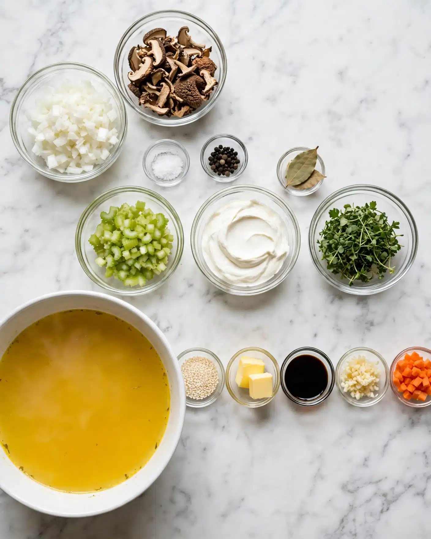 Mushroom Barley Soup Recipe 4 The image shows a top view of many clear glass bowls with different ingredients arranged neatly on a white marbled surface. In the bottom left is a large white bowl filled with bright yellow broth. To its right are small bowls holding white sesame seeds, two pieces of yellow butter, black soy sauce, finely chopped garlic, and orange chopped carrots. Above these are bowls filled with chopped celery, thick white cream, and small green herbs. To the left at the top are two bowls with chopped onions and dried mushrooms in brown shades. Small bowls with salt, black pepper, and a bay leaf are placed between the bigger bowls, creating a clean and organized display of fresh ingredients. Photo taken with an iphone --ar 4:5 --v 7