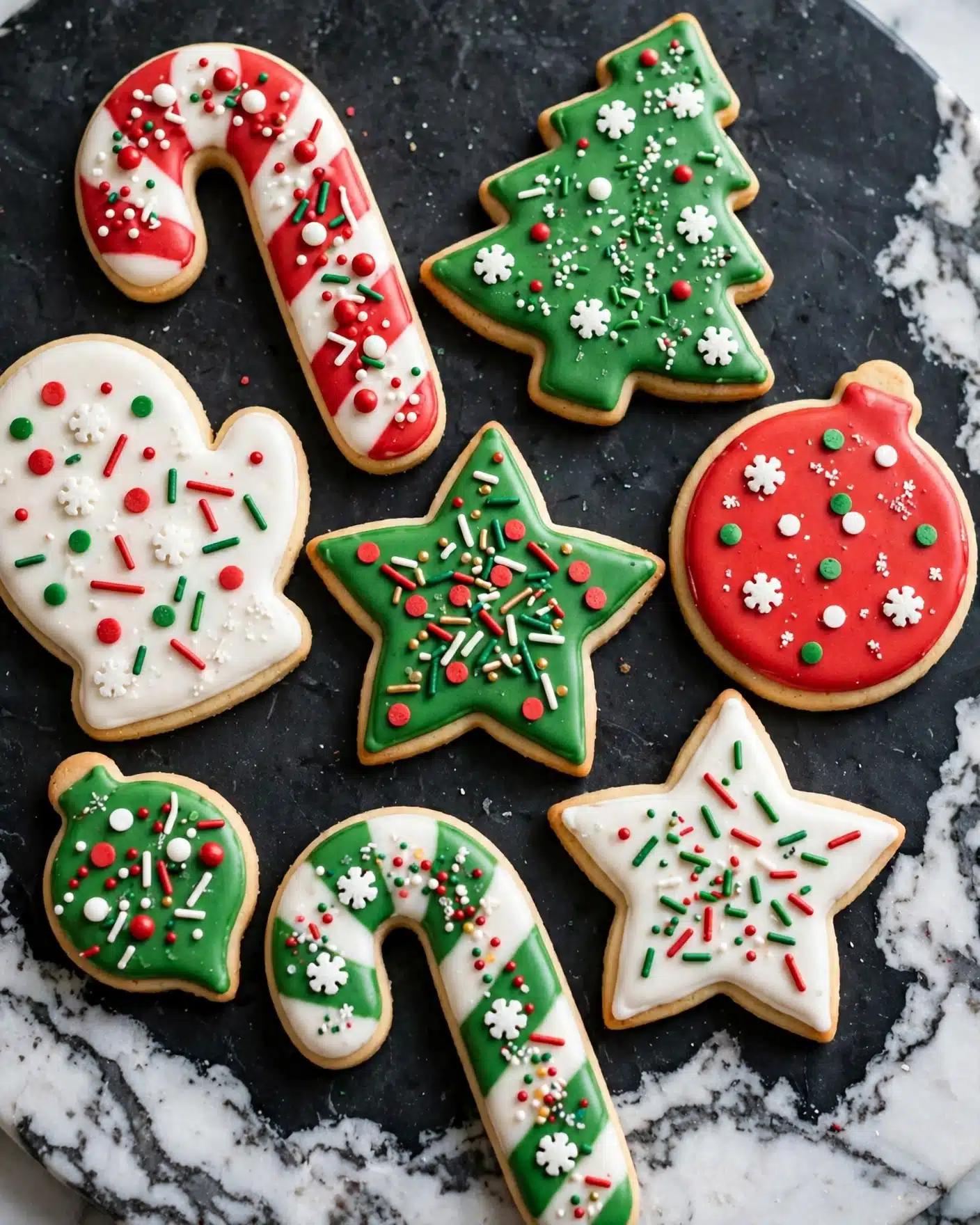 Holiday Sugar Cookies Recipe 5 A close-up view of several Christmas sugar cookies on a dark surface, each cookie having a thick base layer of light golden dough; the mitten-shaped cookie in the center is covered with a smooth, bright red icing layer, topped with white snowflake sprinkles and green and red rod-shaped sprinkles; nearby are three Christmas tree-shaped cookies with a shiny green icing base layer; one tree has white and red round and star-shaped sprinkles spread on top, another tree is covered fully with green sugar crystals, while the last one is decorated with white elongated and red round sprinkles; at the top is a candy cane-shaped cookie layer with alternating stripes of red and white icing and green and red sprinkles; all cookies have smooth textured icing layers and soft edges, sitting on a white marbled surface; photo taken with an iphone --ar 4:5 --v 7