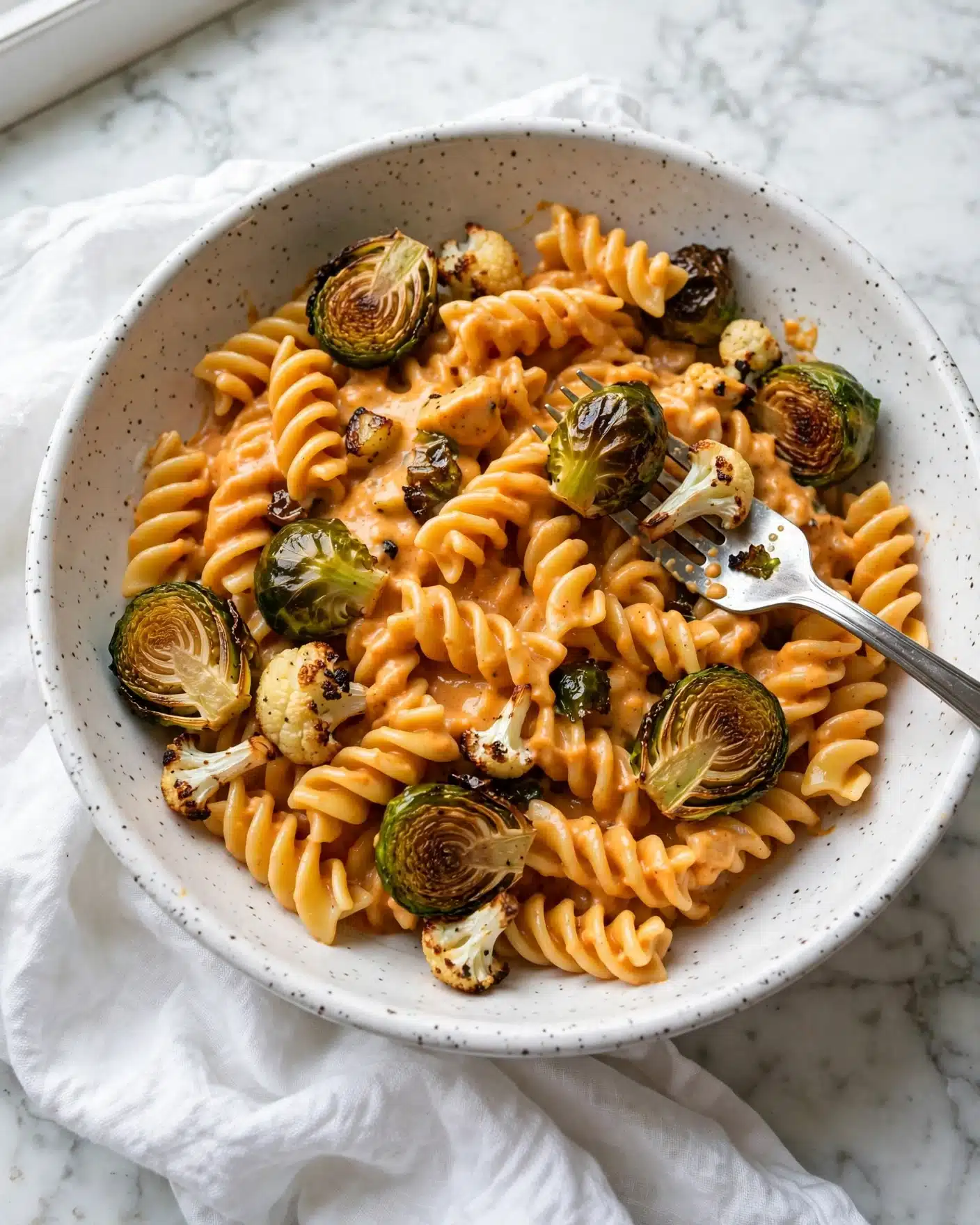 Pumpkin Mac and Cheese with Roasted Veggies Recipe 5 A white speckled bowl filled with spiral pasta coated in a thick, creamy, orange sauce, mixed with browned roasted Brussels sprouts and small pieces of roasted cauliflower. A silver fork is resting on the pasta, with some vegetables speared on it. The bowl is placed on a white marbled surface with a white cloth partly underneath it. photo taken with an iphone --ar 4:5 --v 7