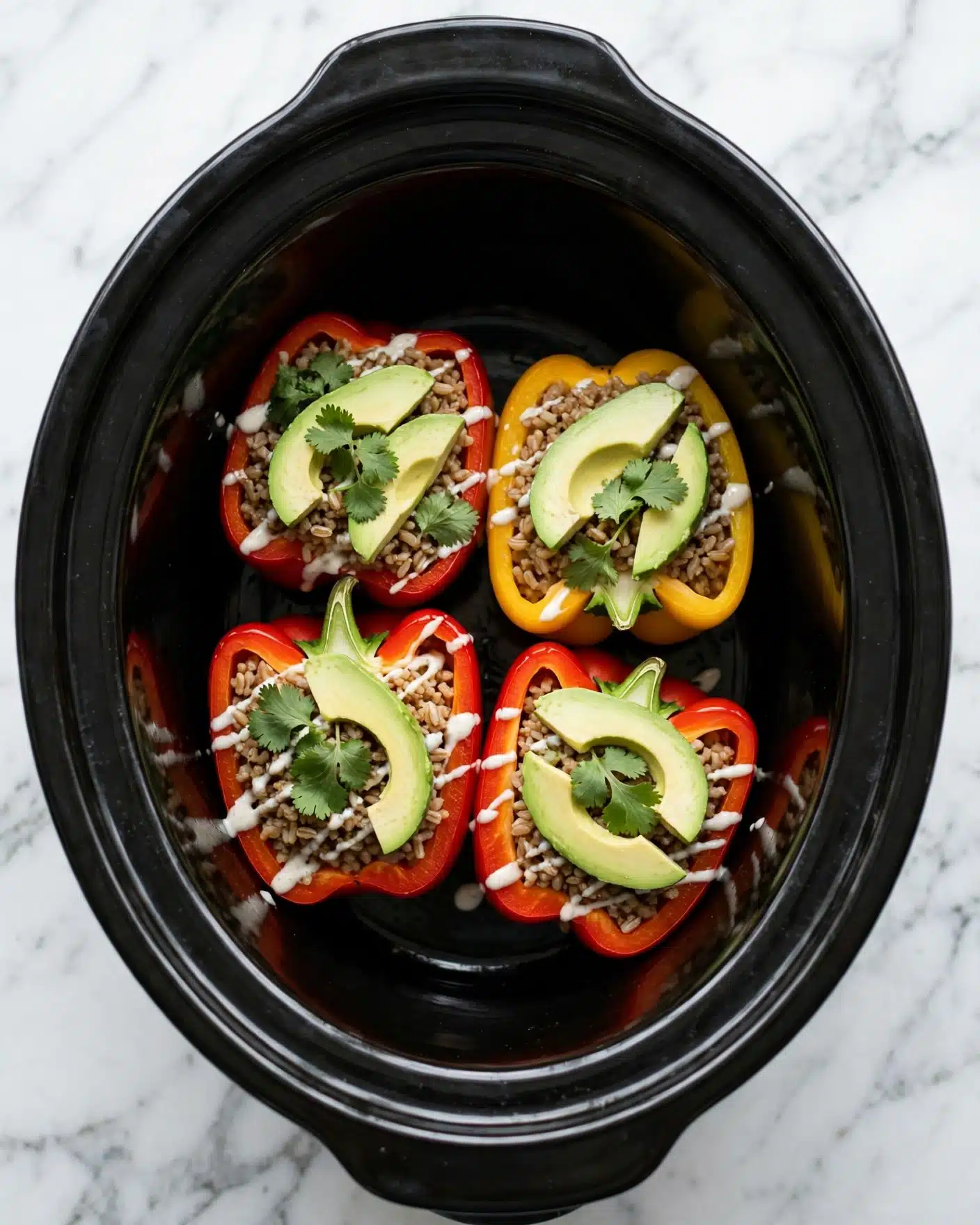 Quinoa Black Bean Crockpot Stuffed Peppers Recipe 4 The image shows three stuffed bell peppers placed closely together inside a round container. Each pepper is topped with a layer of melted white cheese that looks soft and slightly creamy. Beneath the cheese layer, there is a filling made of small grains, possibly quinoa, mixed with tiny dark bits that add texture and contrast. The peppers have vibrant colors—one red in the middle right, one yellow in the left front, and one orange towards the back left—each with a shiny, smooth surface. The background is a white marbled texture visible at the edges of the container. Photo taken with an iphone --ar 4:5 --v 7