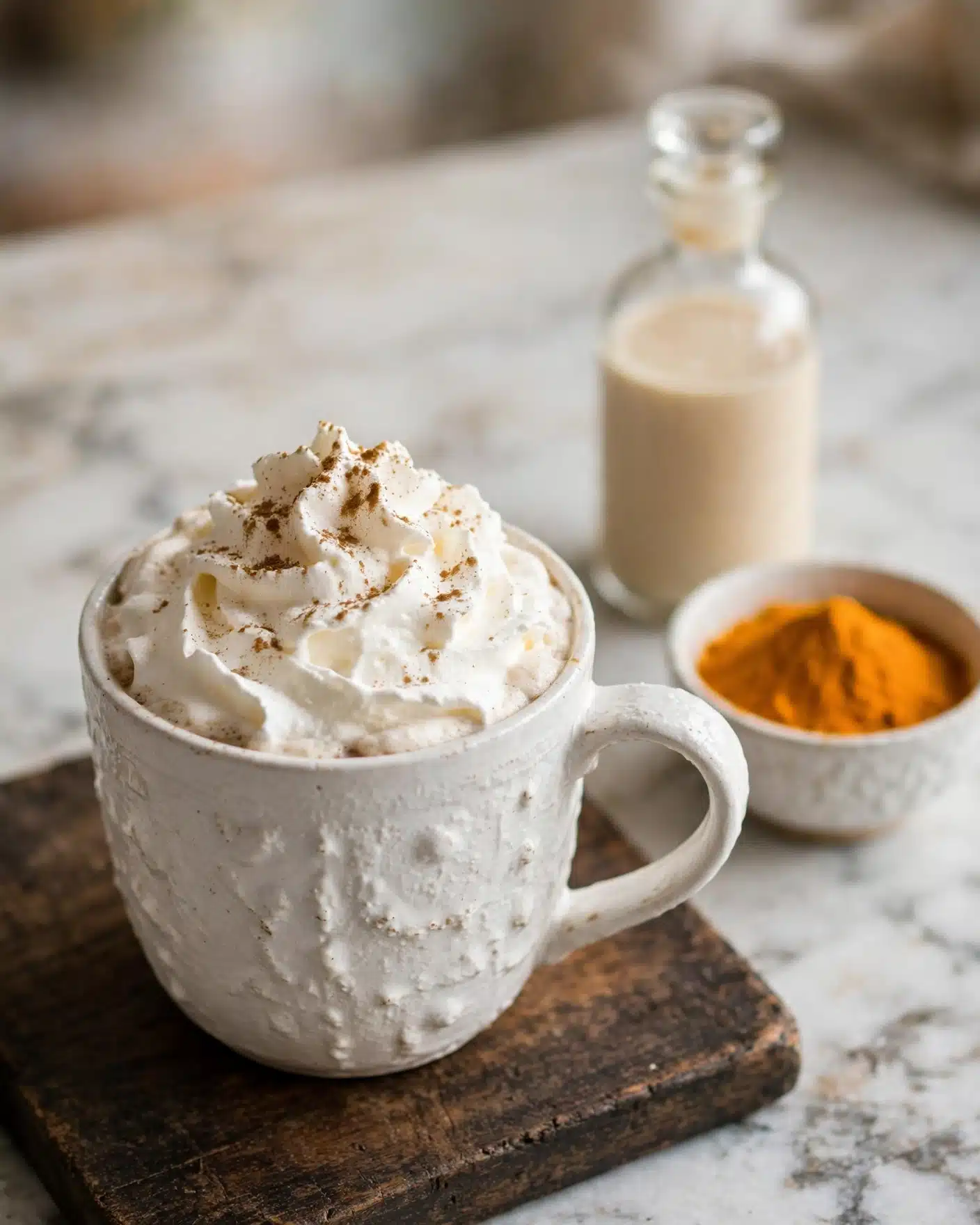 Pumpkin Spice Latte Recipe 5 A white textured mug sits on a dark wooden board, filled with a light brown drink. The drink is topped with a thick, fluffy layer of white whipped cream piled high with soft swirls, sprinkled lightly with brown cinnamon powder. In the background, there is a small white bowl filled with bright orange powder and a glass bottle with a creamy beige liquid, all resting on a white marbled surface. The whole scene is softly lit, making the drink look warm and inviting. photo taken with an iphone --ar 4:5 --v 7