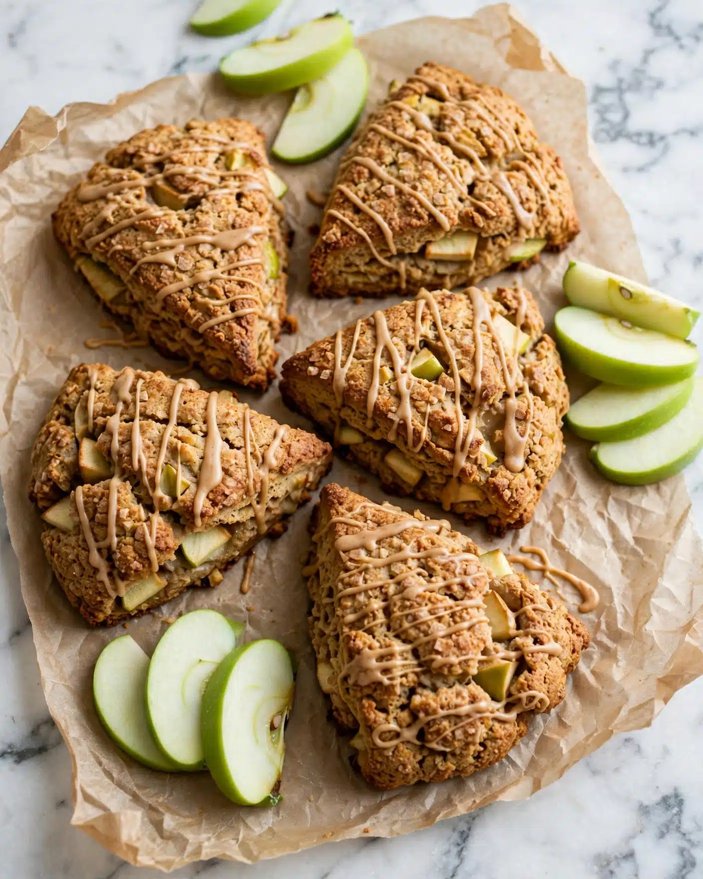 Apple Cinnamon Diced Apple Scones with Vanilla Glaze Recipe 4 The image shows several triangular scones placed on crumpled light brown parchment paper over a white marbled surface. Each scone has a golden brown crust with a rough texture and is generously drizzled with a light tan icing sauce, creating thin, uneven lines that run across the top. The scones appear to be thick, with visible chunks of apple inside, giving hints of green and cream colors peeking through the sides. Around the scones are fresh, bright green apple slices placed in small groups, adding a fresh contrast to the baked goods. The overall look is warm and inviting with a homemade feel. photo taken with an iphone --ar 4:5 --v 7