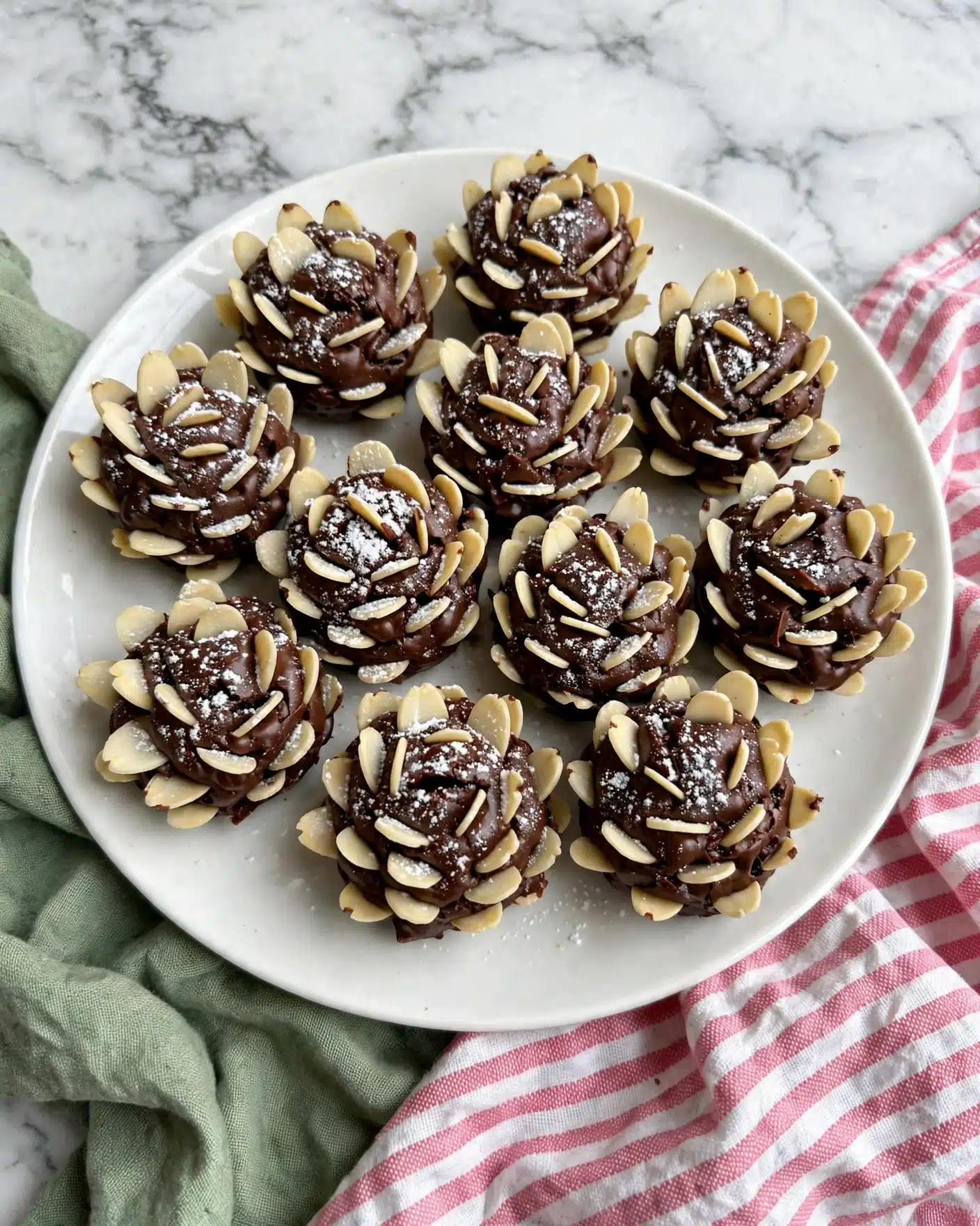 Pine Cone Brownies Recipe 5 The image shows a wooden surface with three main elements: a metal bowl on the top left filled with dark brown thick chocolate dough, a white bowl below it filled with white almond slices, and to the right, a sheet of white baking paper with small dark brown dough balls placed on it in rows. Some dough balls have been pressed gently and decorated with almond slices arranged like flower petals around the edges. A silver ice cream scoop rests near the dough balls, with some dough stuck on it, indicating it is being used to shape the balls. The surface is clean and the color contrast between the dark dough, white almond slices, and light wood is clear. photo taken with an iphone --ar 4:5 --v 7