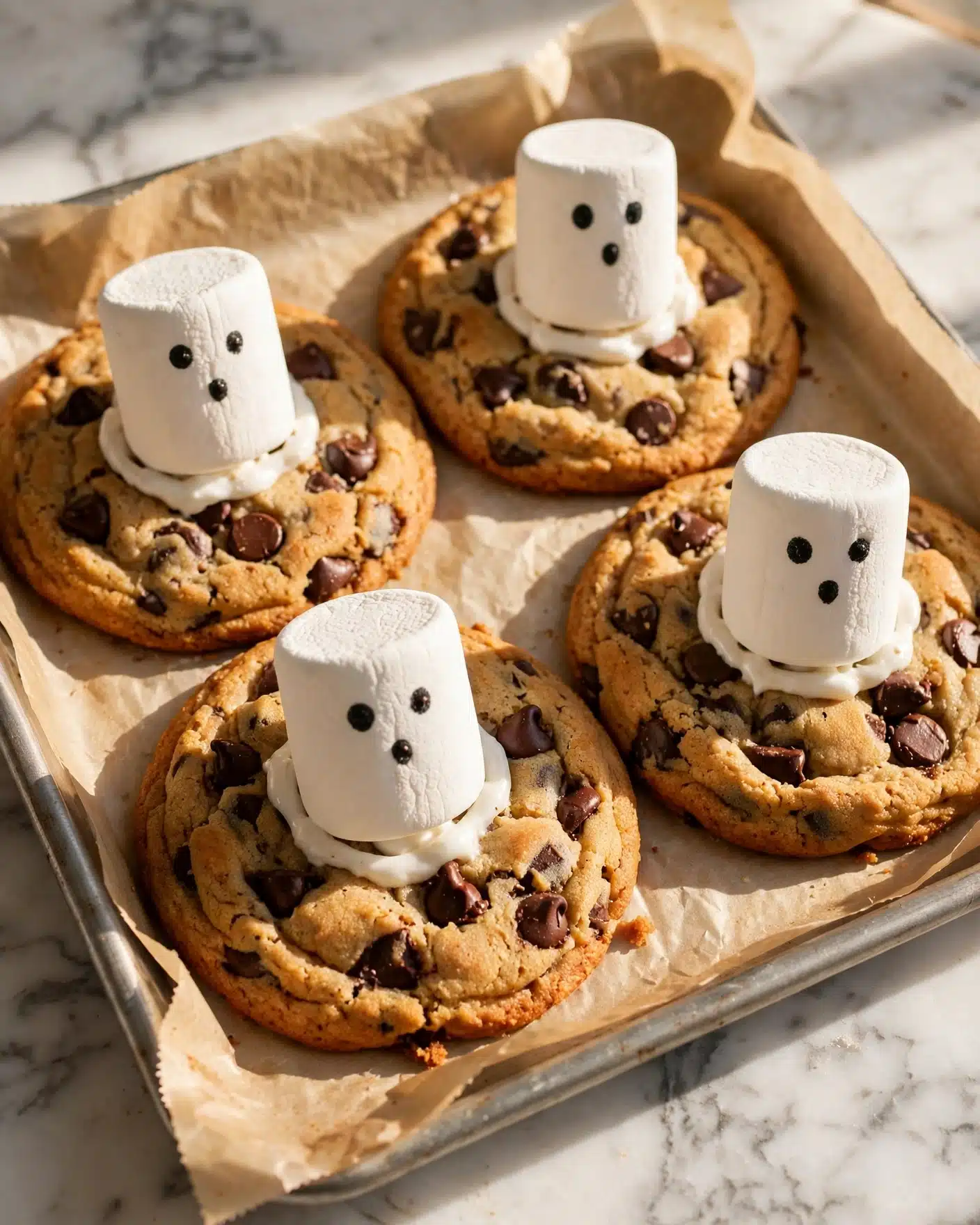 Spooky Ghost Chocolate Chip Cookies Recipe 5 The image shows several chocolate chip cookies topped with small white ghost shapes made from melted marshmallows or icing. Each ghost has two small black eyes and a round black open mouth, giving a surprised expression. The ghosts sit in the middle of each cookie, with white icing melting slightly over the cookie edges. The cookies are displayed on two black cake stands with some fake spider webs adding a spooky touch. The background is a white marbled surface. photo taken with an iphone --ar 4:5 --v 7