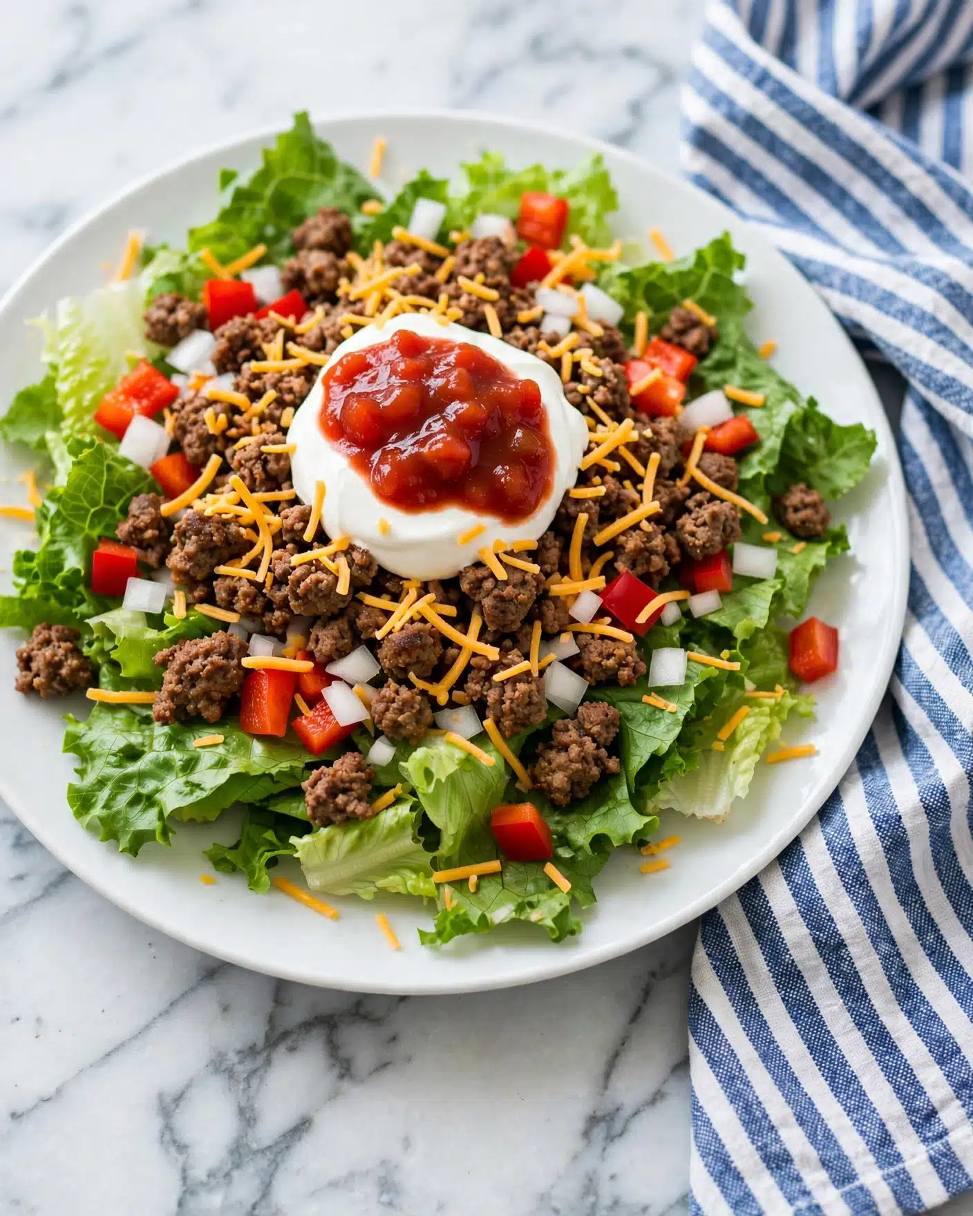 A white plate holds a fresh taco salad with four main layers. The bottom layer is a bed of bright green crisp lettuce leaves covering the plate. On top are small chunks of cooked ground meat with a brown, slightly chunky texture, spread unevenly. Around the meat are scattered small pieces of diced red bell pepper and white onion, adding pops of color. In the center, there is a dollop of smooth white sour cream, topped with a spoonful of shiny red salsa. Thin orange shredded cheese is sprinkled over the entire dish, adding texture and color contrast. The plate sits on a white marbled surface with a blue and white striped cloth nearby. Photo taken with an iphone --ar 4:5 --v 7