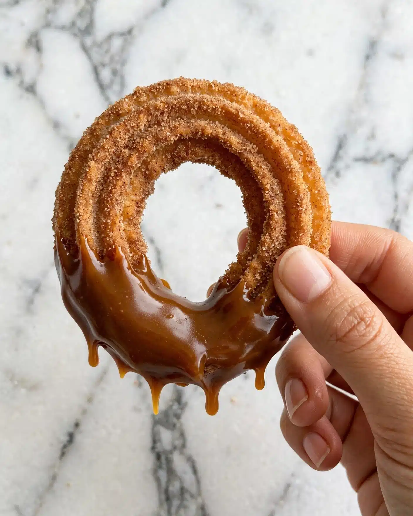 Pumpkin Churros with Caramel Dipping Sauce Recipe 5 A close-up of a churro held by a woman's hand against a white marbled background. The churro is circular with two round ends joined by a curved middle, showing a rough, ridged texture covered in a cinnamon sugar coating. The bottom half of the churro is dipped in a thick, shiny caramel sauce that drips slightly, creating a smooth contrast with the crunchy texture above. The warm brown and golden colors stand out vividly in the image, photo taken with an iphone --ar 4:5 --v 7