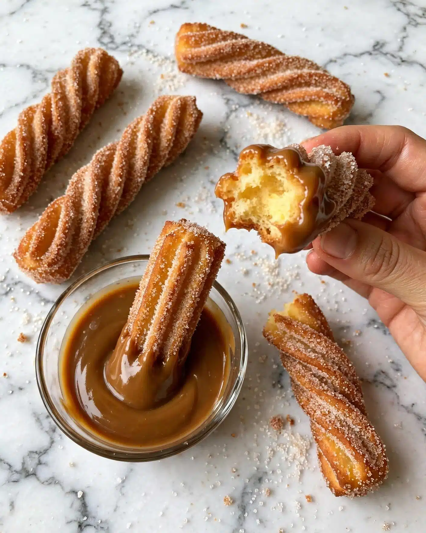 Pumpkin Churros with Caramel Dipping Sauce Recipe 4 The image shows several churros coated in sugar, lying on a white marbled surface. Each churro is twisted in a spiral shape with a rough, crunchy texture covered in a layer of sugar crystals. One churro is dipped halfway into a small, clear glass bowl filled with smooth, thick caramel sauce, rich brown in color. A woman's hand is holding another churro dipped in the caramel, showing its inside, which is soft and golden yellow. The background remains a white marbled texture with scattered sugar around the churros and the bowl. photo taken with an iphone --ar 4:5 --v 7