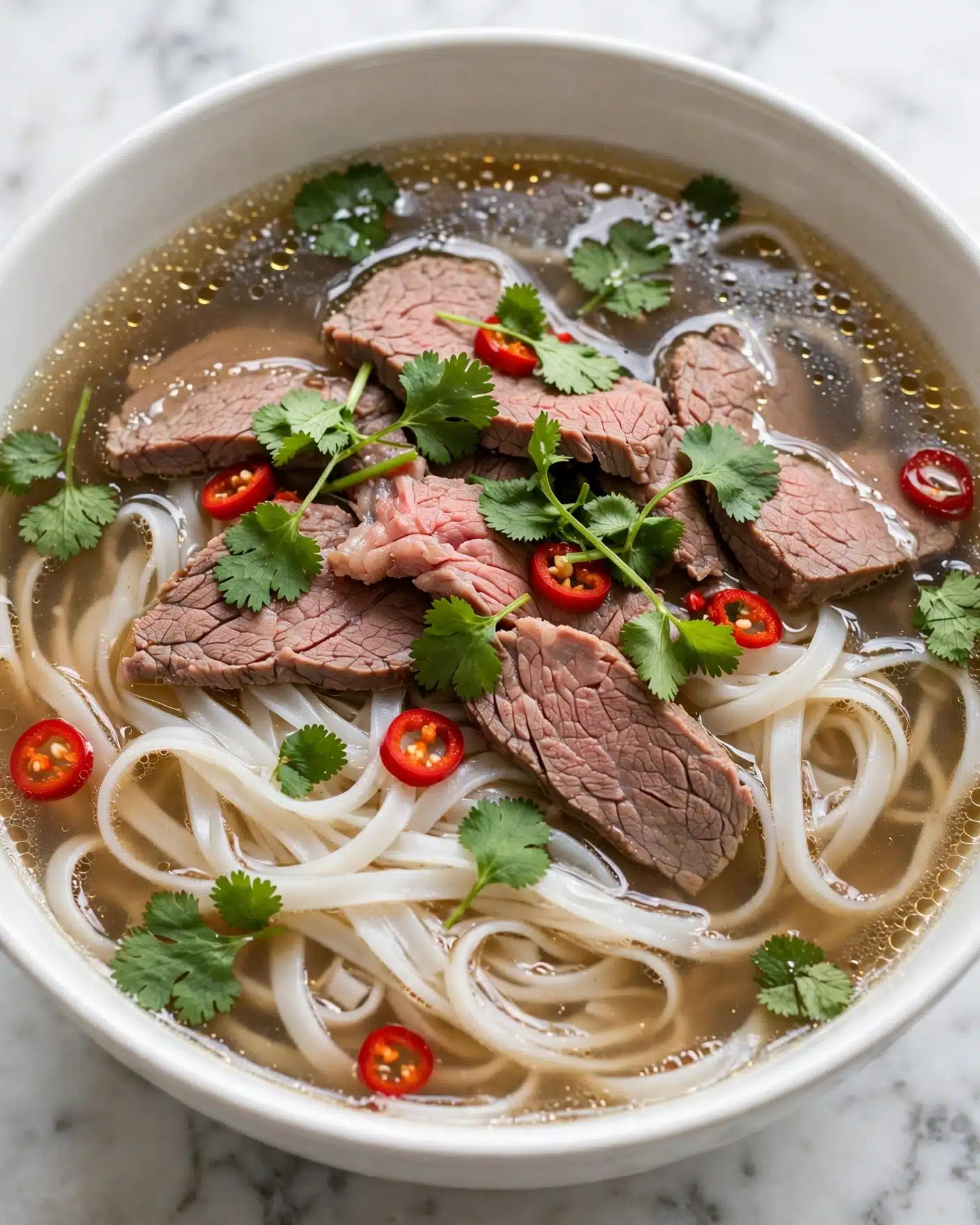 Authentic Vietnamese Pho Recipe 5 A close-up of a white bowl filled with a clear light brown broth as the base layer, topped with long white rice noodles that are slightly curved and submerged in the broth. Thin slices of pinkish-brown beef are laid on top of the noodles, some showing slight texture and softness. Bright green cilantro leaves are scattered across the dish, along with small, vibrant red chili slices adding a pop of color. The bowl rests on a white marbled surface, and the texture of the broth shows small bubbles and light reflections, creating a fresh and appetizing look. photo taken with an iphone --ar 4:5 --v 7