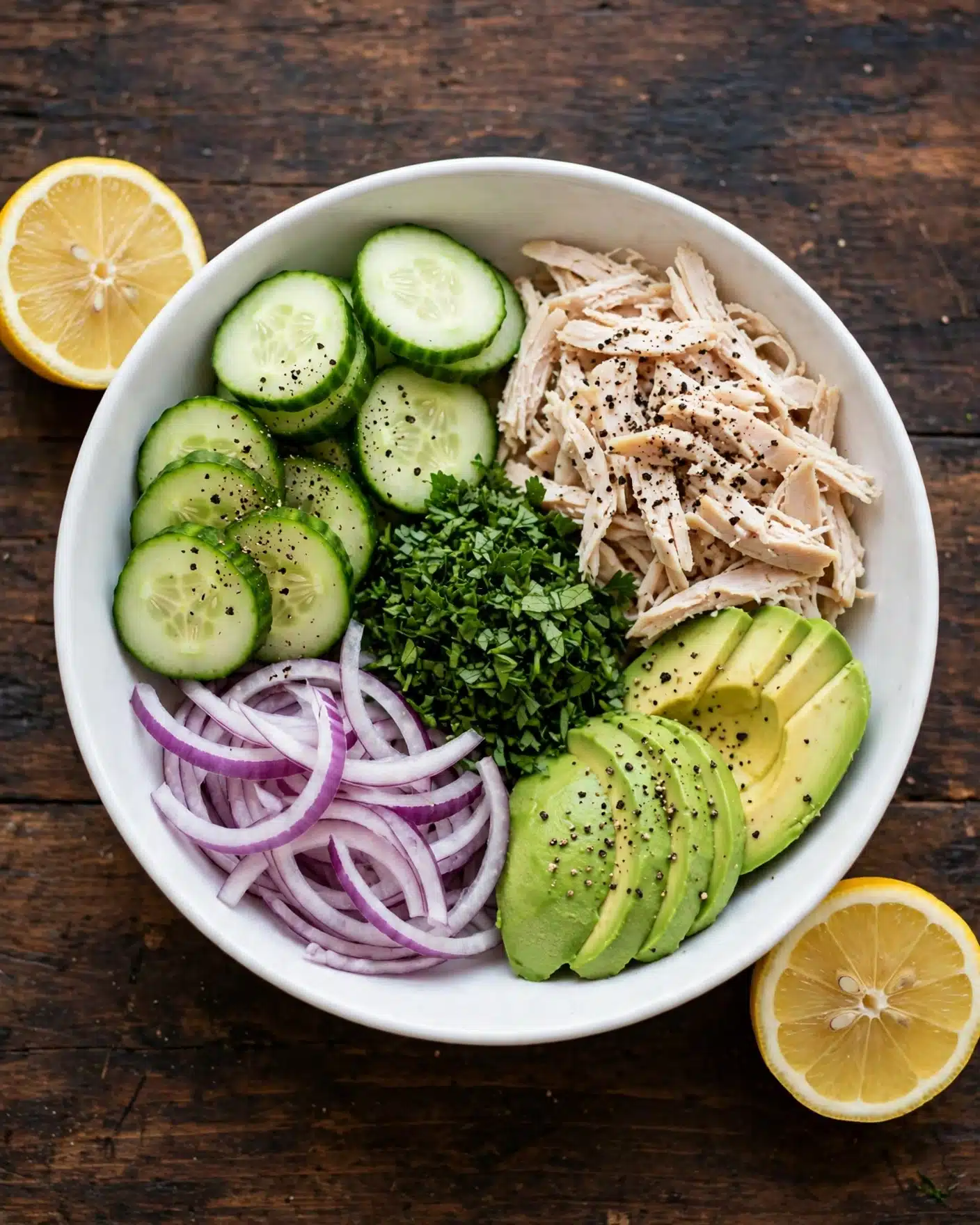 Avocado Tuna Salad Recipe 4 A white bowl contains five layers arranged side by side. The first layer on the top left is light green cucumber slices with black pepper sprinkled on them. Below it is thinly sliced purple onion. The middle layer is a pile of finely chopped bright green herbs. To the lower right is sliced light green avocado with black pepper on it. The top right side has shredded pale beige chicken meat topped with black pepper. The bowl is placed on a dark wooden surface with two lemon halves beside it. Photo taken with an iphone --ar 4:5 --v 7