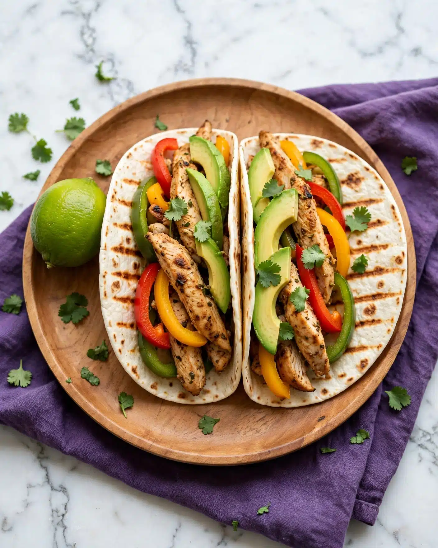 Slow Cooker Chicken Fajitas Recipe 5 Two tacos are placed side by side on a round wooden plate with a smooth texture. Each taco has a flour tortilla with light brown grilled marks as the base layer. Inside, there are layers of grilled light brown chicken strips seasoned with spices. Alongside the chicken, there are slices of bright red, yellow, and green bell peppers adding vibrant color and crunch. Fresh green avocado slices and scattered small green cilantro leaves add freshness and contrast. A whole bright green lime rests on the left side of the plate, with loose cilantro leaves scattered around. The plate sits on a purple cloth on a white marbled surface. Photo taken with an iphone --ar 4:5 --v 7