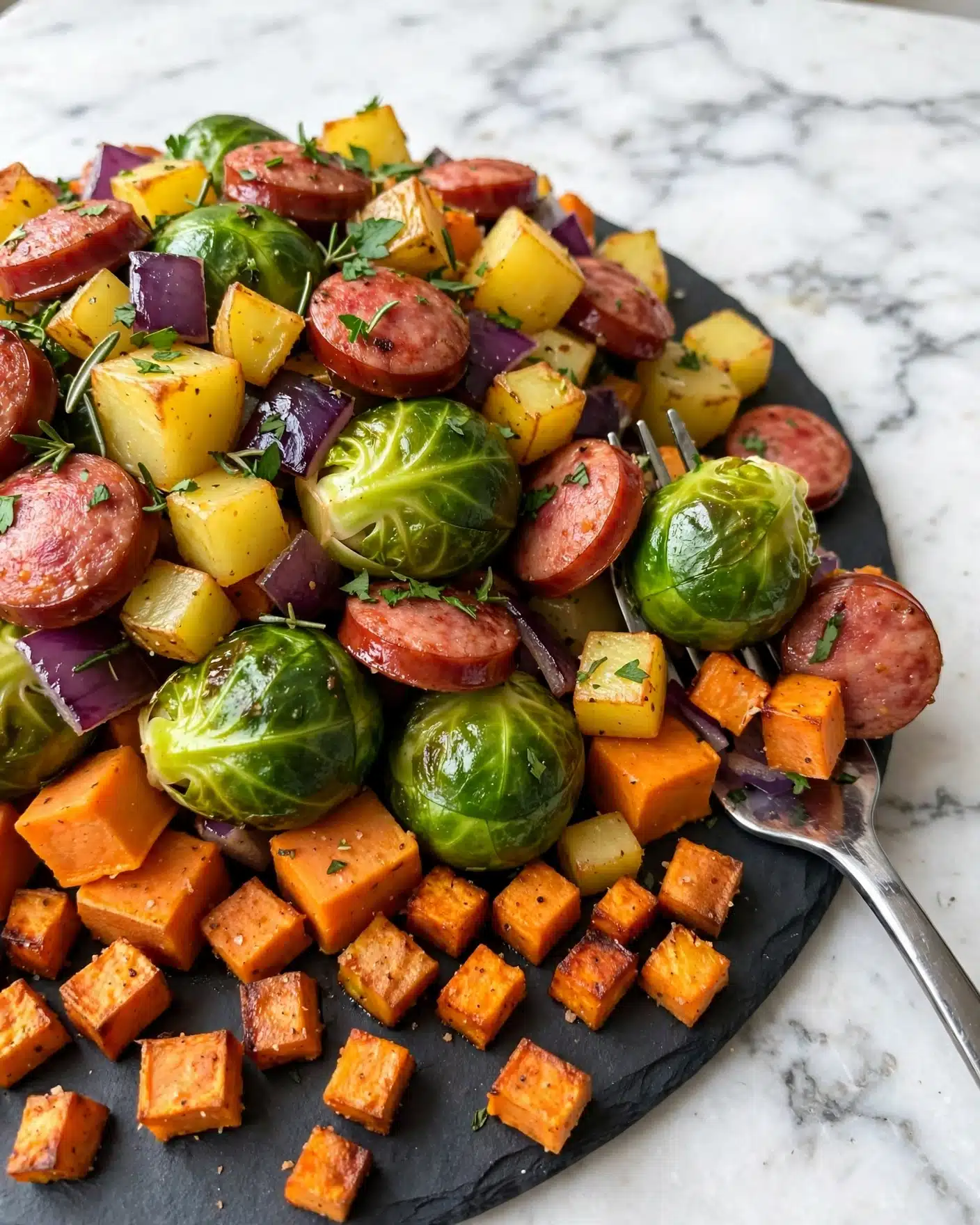 Autumn Sausage Veggie and Apple Sheet Pan Dinner Recipe 5 The image shows a close-up of a dish with multiple layers mixed together on a dark surface. The bottom layer consists of bright orange cubes of sweet potatoes scattered evenly. On top of that, there are green Brussels sprouts with their shiny leaves and yellow potato cubes. Round slices of reddish sausage are spread all over, showing their smooth texture and deep color. Purple onion pieces add a splash of dark violet color between the other ingredients. Fresh green herbs are sprinkled lightly on the entire dish, adding contrast and freshness. A silver fork is placed on the right side, partly lifting some of the ingredients. The whole scene is placed on a white marbled surface photo taken with an iphone --ar 4:5 --v 7