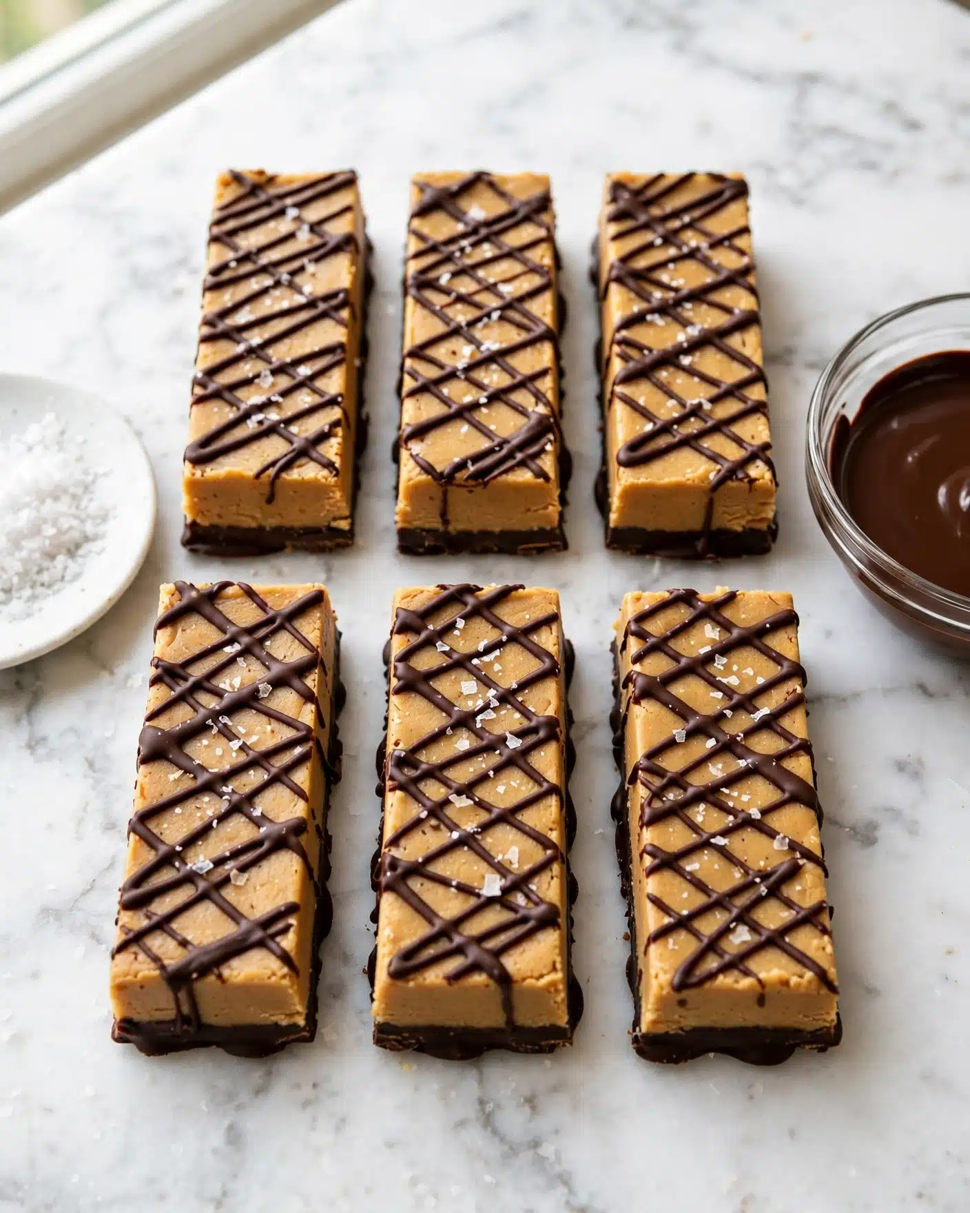 Chocolate Peanut Butter Protein Bars Recipe 5 The image shows six rectangular bars with two visible layers: the bottom layer is lighter golden brown with a smooth texture, possibly peanut butter or cookie, and the bottom edges are coated with dark chocolate. The top of each bar is decorated with crisscross dark chocolate drizzle, and some flaky salt sprinkled on top. The bars are placed on a white marbled surface. On the right, there is a clear bowl filled with smooth dark chocolate. On the left, there is a white plate with white flaky salt. photo taken with an iphone --ar 4:5 --v 7