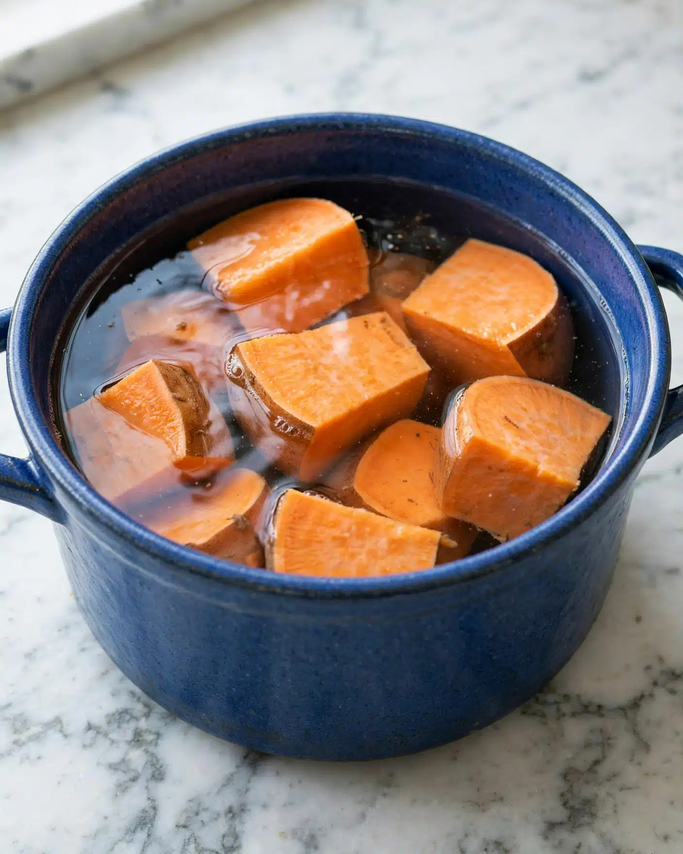 Sweet Potato Casserole with Pecan and Cranberry Topping Recipe 4 The image shows a blue pot filled with water and large chunks of orange sweet potatoes inside. The sweet potato pieces are unevenly shaped and fully submerged in clear water. The pot is placed on a white marbled surface. Photo taken with an iphone --ar 4:5 --v 7