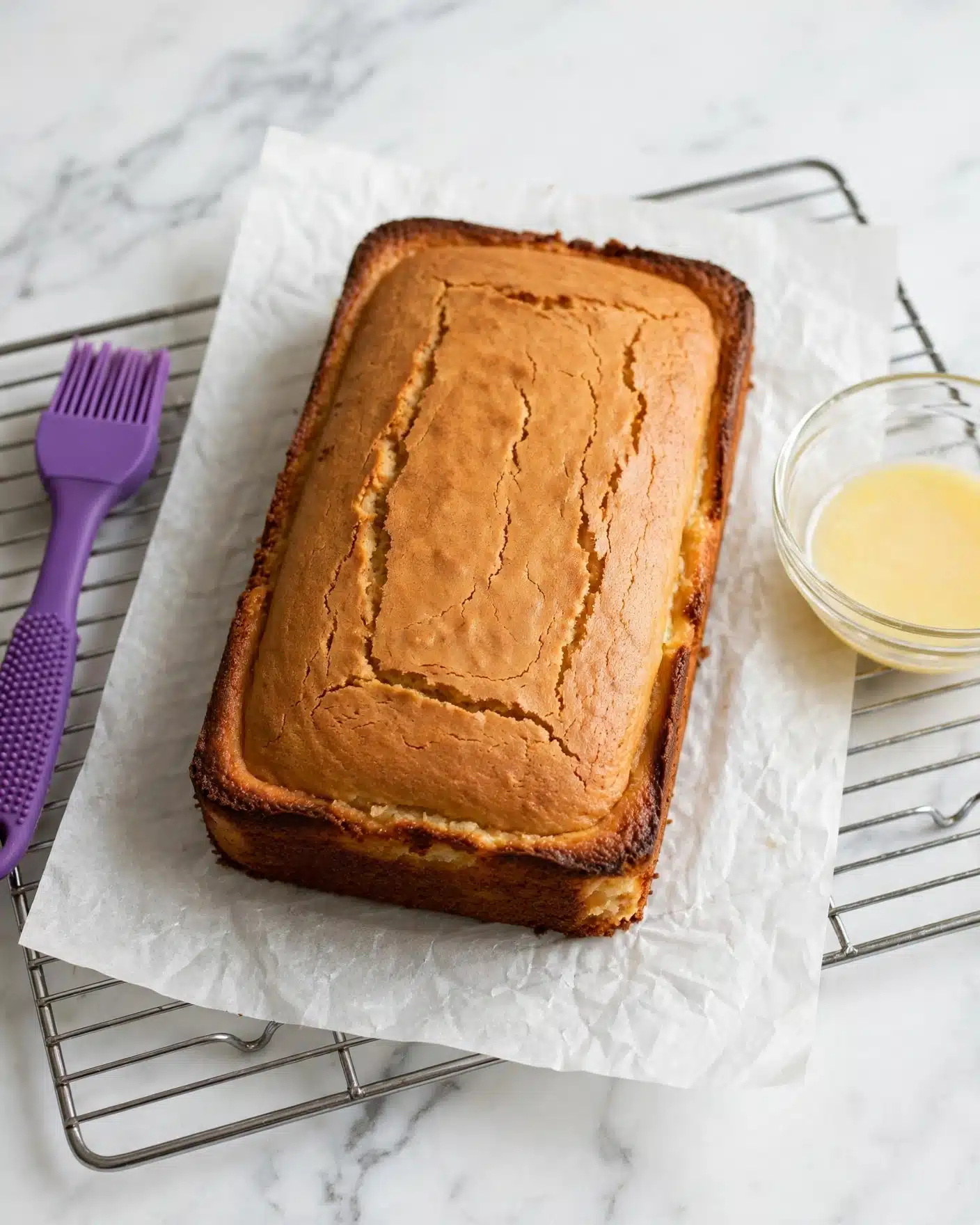A golden brown rectangular cake sits on a white parchment paper over a silver cooling rack, showing a smooth, lightly cracked top and darker brown edges indicating it is well baked with a soft texture inside. To the left of the cake, there is a purple silicone brush resting on the rack, and to the right, a small clear glass bowl holds a light yellow liquid. The entire scene is set on a white marbled surface. photo taken with an iphone --ar 4:5 --v 7