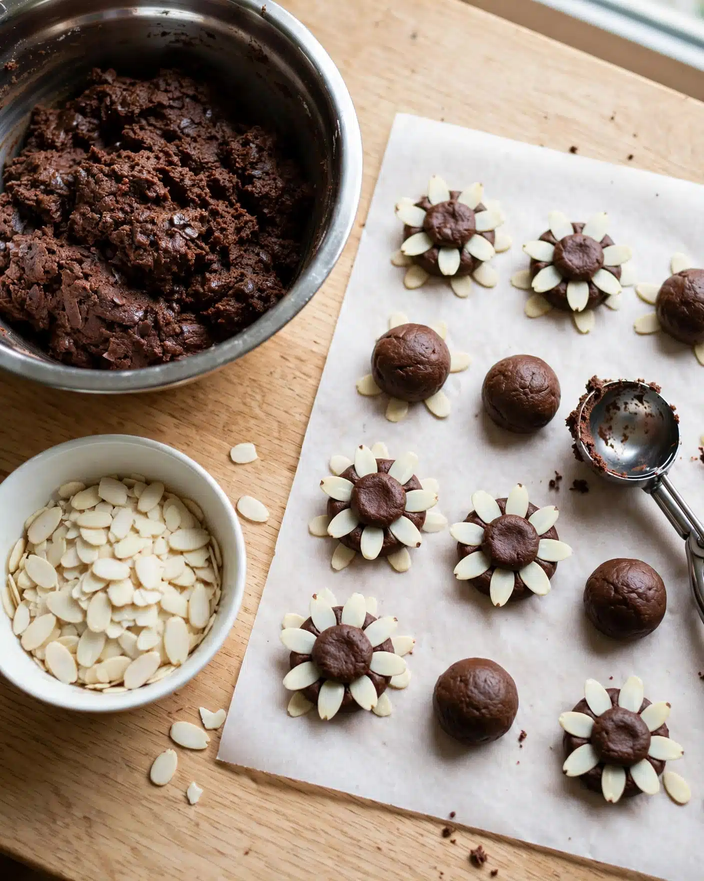Pine Cone Brownies Recipe 4 A white plate holds several small, round chocolate treats arranged closely together in neat rows. Each piece has a rough, spiky texture with small, flat almond slices sticking out in various directions, creating a star-like shape. The chocolate is dark brown and looks glossy with a slightly rough surface. Light dustings of white powdered sugar are sprinkled over every piece, adding a soft contrast to the dark chocolate. The plate rests on a white marbled surface partially covered by green fabric and a pink and white striped cloth. photo taken with an iphone --ar 4:5 --v 7