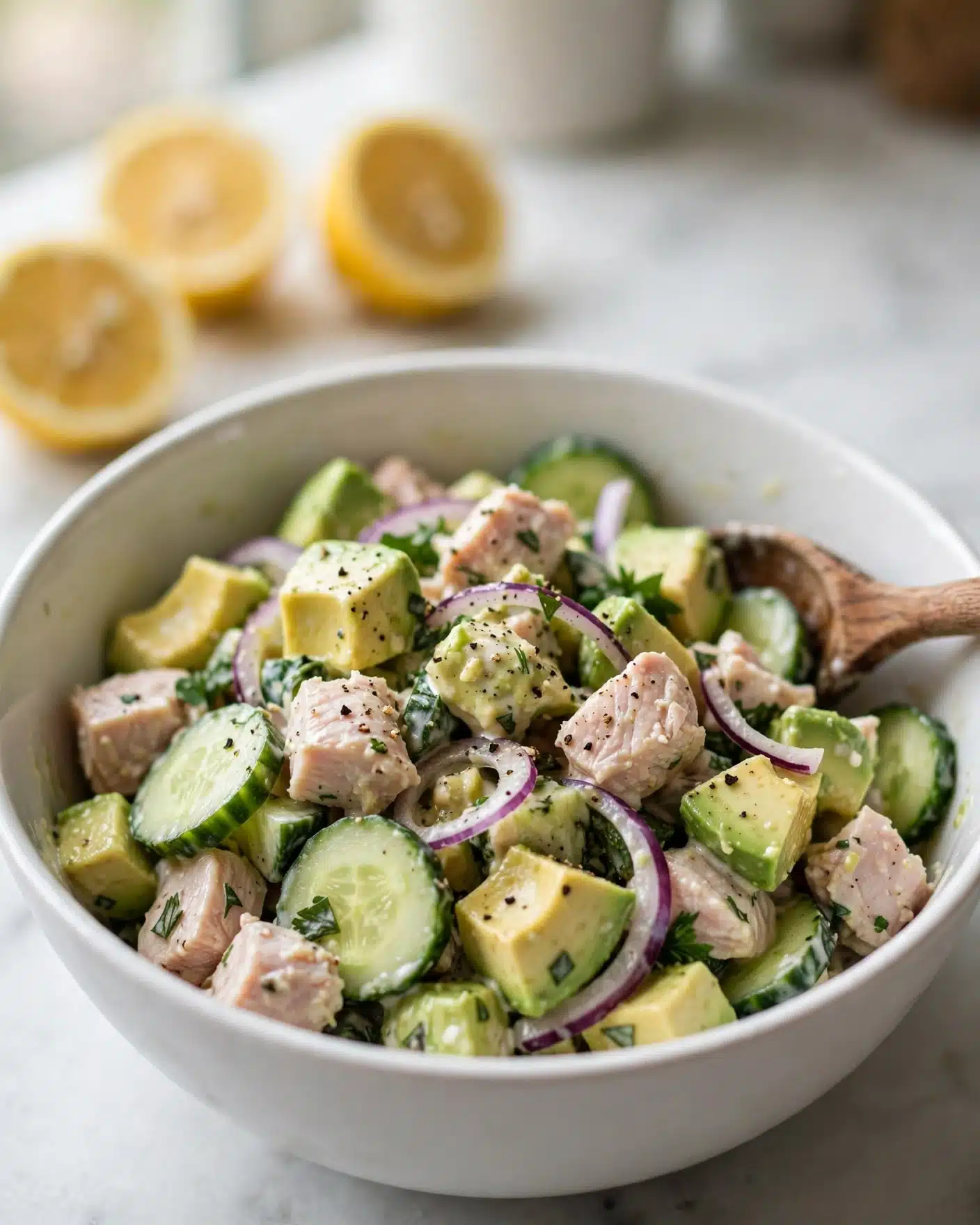 Avocado Tuna Salad Recipe 5 The image shows a close-up of a fresh salad with several layers. Large chunks of pale pink cooked fish are scattered throughout, with bright green chunks of avocado adding creamy texture. Thin slices of dark green cucumber with light centers are mixed in, along with thin rings of purple-red onion. Fresh green cilantro leaves are sprinkled on top, giving a fresh look. The ingredients are lightly coated with a dressing and small black pepper specks are visible all over. The overall colors are soft greens, pinks, and purples with some light brown seasoning. Photo taken with an iphone --ar 4:5 --v 7