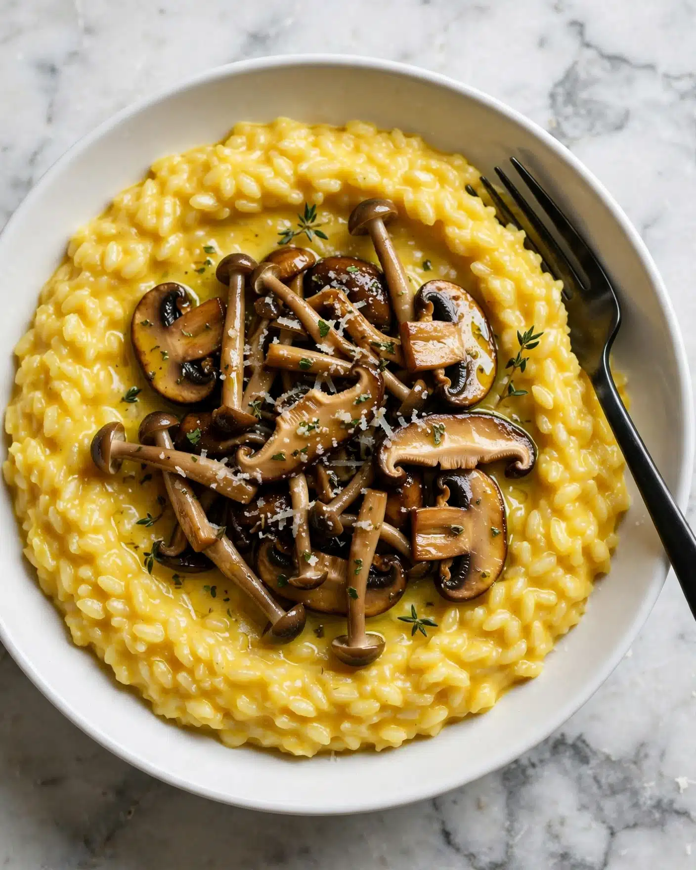 A white bowl holds two main layers: the bottom layer is bright yellow risotto with a creamy, soft texture and visible grains forming a thick ring around the inner edge of the bowl, while the top layer in the center features sautéed brown mushrooms of different types, some small and long, others larger and sliced, all glistening with oil and sprinkled with green herb bits and a light dusting of grated white cheese. A black fork rests on the right edge of the bowl. The bowl is placed on a white marbled surface. Photo taken with an iphone --ar 4:5 --v 7