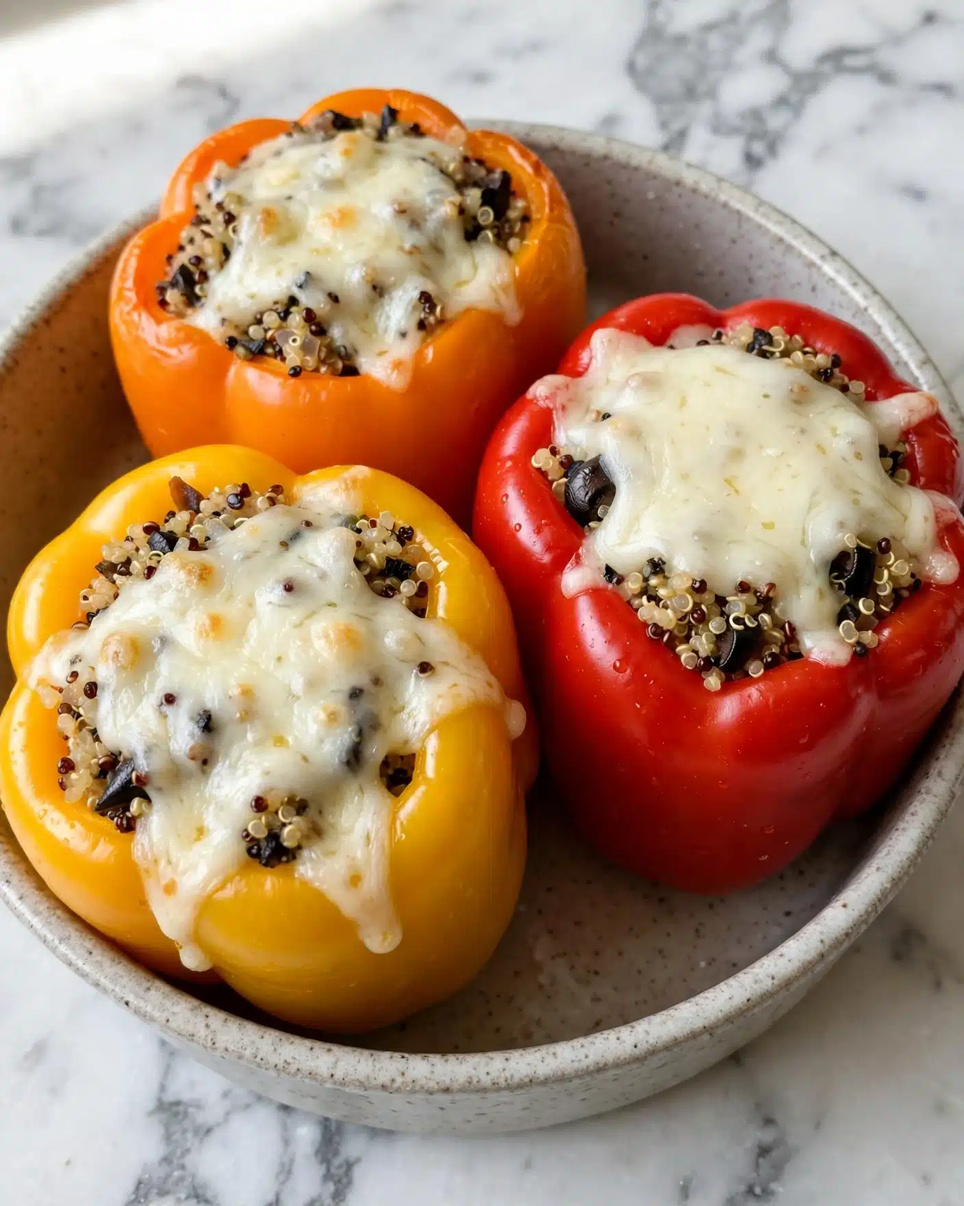 Quinoa Black Bean Crockpot Stuffed Peppers Recipe 5 Inside a black slow cooker, there are four stuffed bell peppers, three red and one yellow, each filled with a brown grain mixture. On top of the stuffing, there are green cilantro leaves and two soft green avocado slices per pepper. A white sauce is lightly drizzled over the peppers. The background has a white marbled texture. Photo taken with an iphone --ar 4:5 --v 7