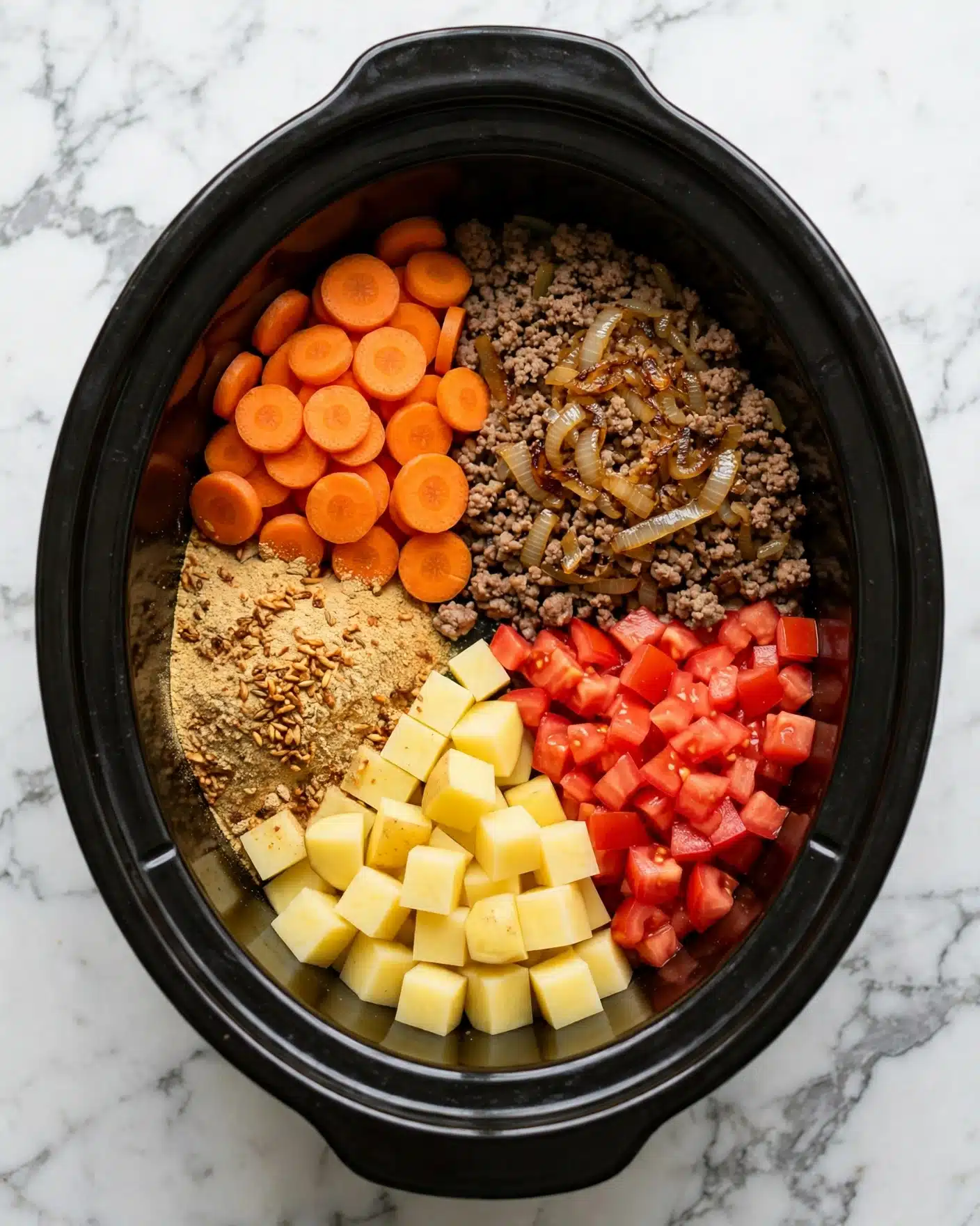 The image shows a black oval slow cooker filled with separate layers of ingredients on a white marbled surface. Starting from the top left, there are bright orange carrot slices, moving clockwise to a large portion of cooked ground meat mixed with sautéed onions that have a light golden-brown color. Next to the meat, there is a pile of bright red diced tomatoes. At the bottom center, cubed yellow potatoes are stacked neatly, and to the left of the potatoes is a tan powdery spice mix with some toasted bits sprinkled on it. The colors and textures are distinct, showing the separate fresh and cooked ingredients in the cooker. Photo taken with an iphone --ar 4:5 --v 7
