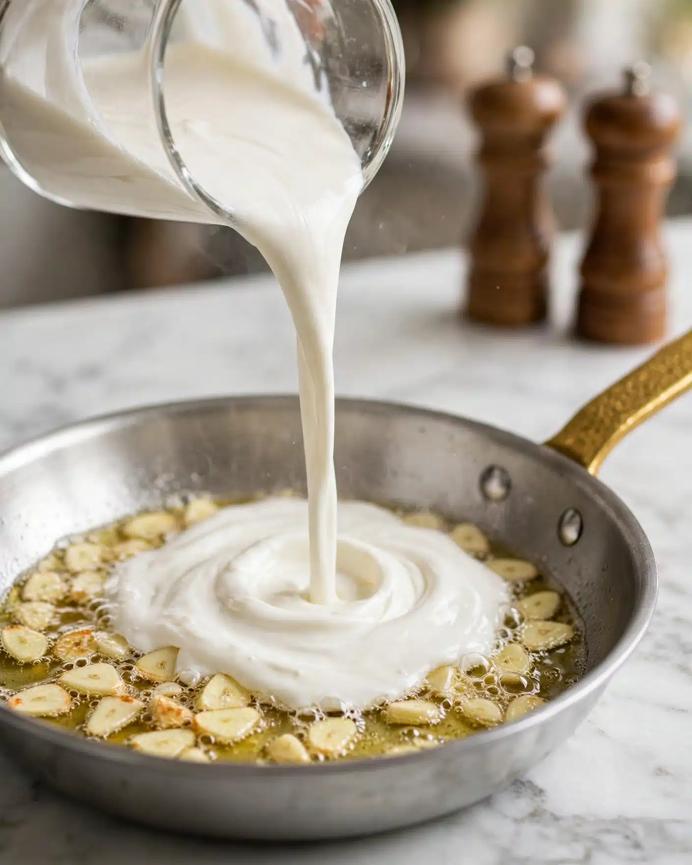 Easy Cottage Cheese Alfredo Recipe 4 In a close-up scene, a thick white creamy liquid is being poured from a clear container into a silver pan with a golden handle. The pan already contains a layer of small, light yellow pieces, possibly garlic, sizzling in oil. In the blurred background, two wooden pepper mills stand tall on a white marbled surface. The liquid contrasts with the golden, textured base in the pan, creating a smooth swirl as it lands, all set on a white marbled surface. photo taken with an iphone --ar 4:5 --v 7