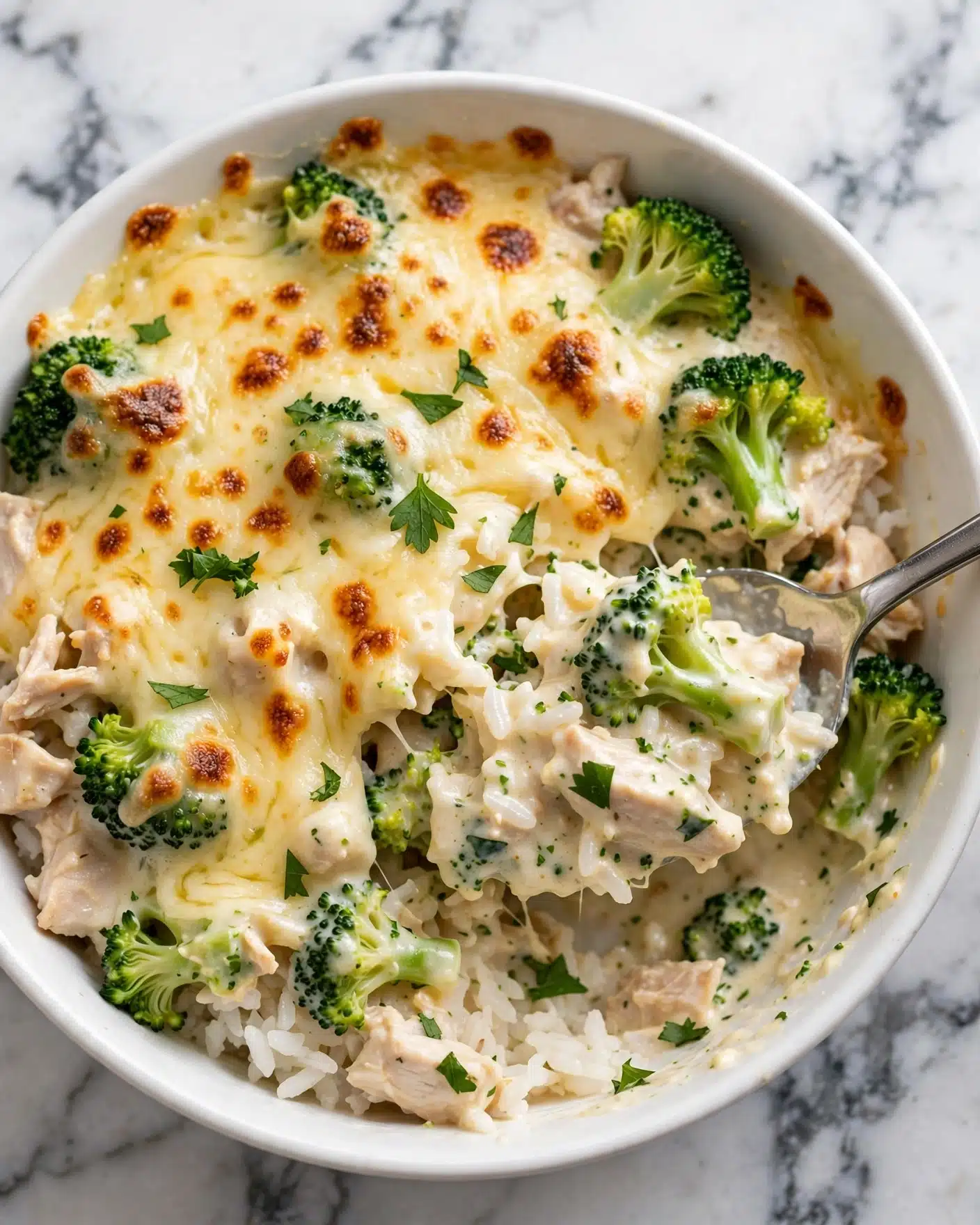 One Pot Broccoli, Chicken and Rice Casserole Recipe 4 A close-up view of a creamy dish in a white bowl filled with three main layers: a melted yellow cheese layer on top with small brown spots, bright green broccoli florets mixed throughout, and soft white rice visible underneath. There are small pieces of light-colored chicken scattered inside, and fresh green herbs sprinkled lightly on top. A silver spoon is digging into the food, showing the thick, rich texture of the mix. The background is a white marbled texture. photo taken with an iphone --ar 4:5 --v 7