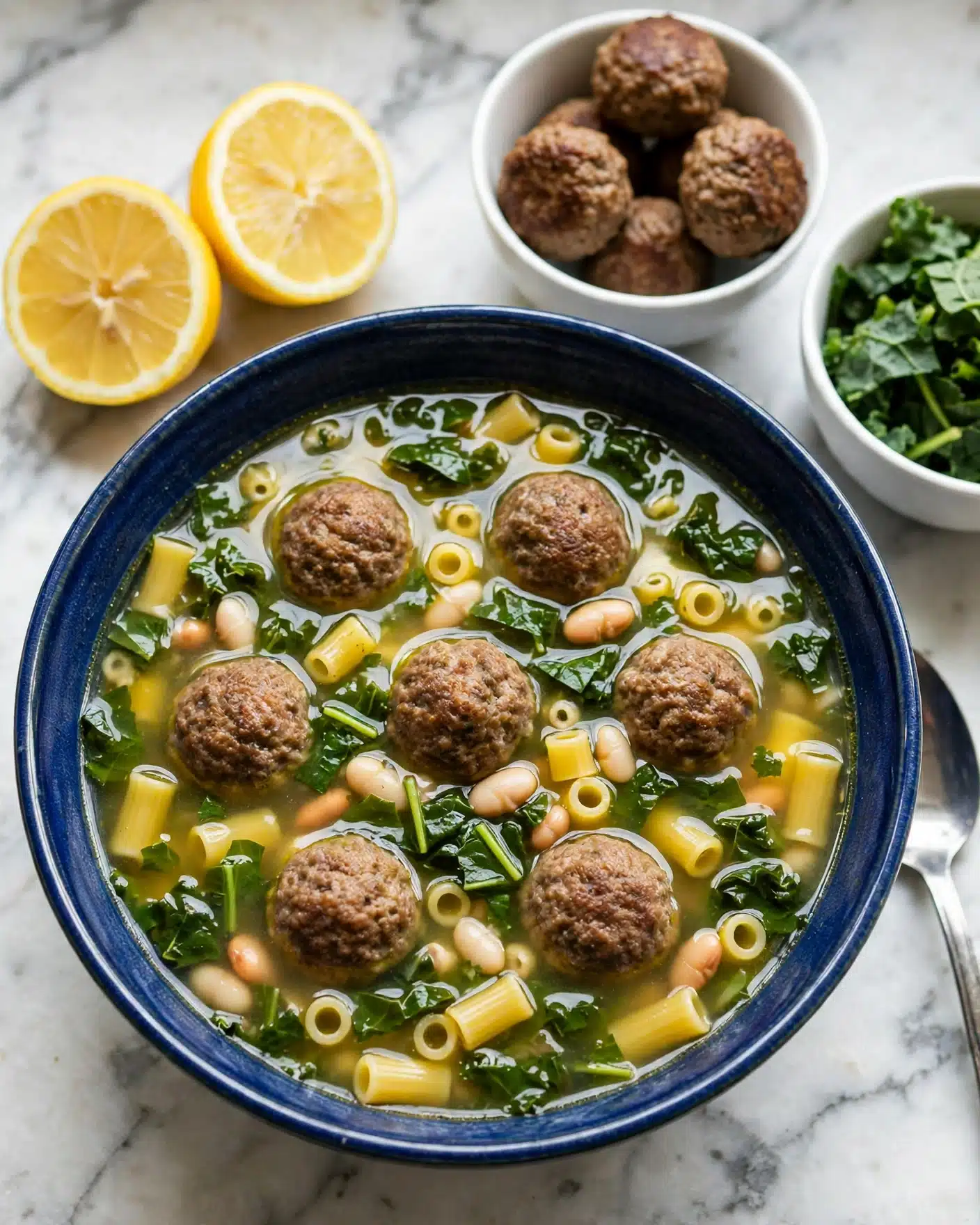 Meatball Stew with Orzo and White Beans Recipe 5 A deep blue bowl filled with a clear yellow broth soup containing six browned meatballs floating on the top layer, mixed with visible chopped green leafy vegetables, small white beans, and yellow pasta pieces. The soup has a glossy texture with ingredients evenly spread. Behind the bowl on the left side, there are two lemon halves with bright yellow flesh, and on the right side, there are two small white bowls, one holding extra browned meatballs and the other with dark green leafy vegetables. The surface is a white marbled texture with a silver spoon partially in view to the lower right side of the bowl. photo taken with an iphone --ar 4:5 --v 7