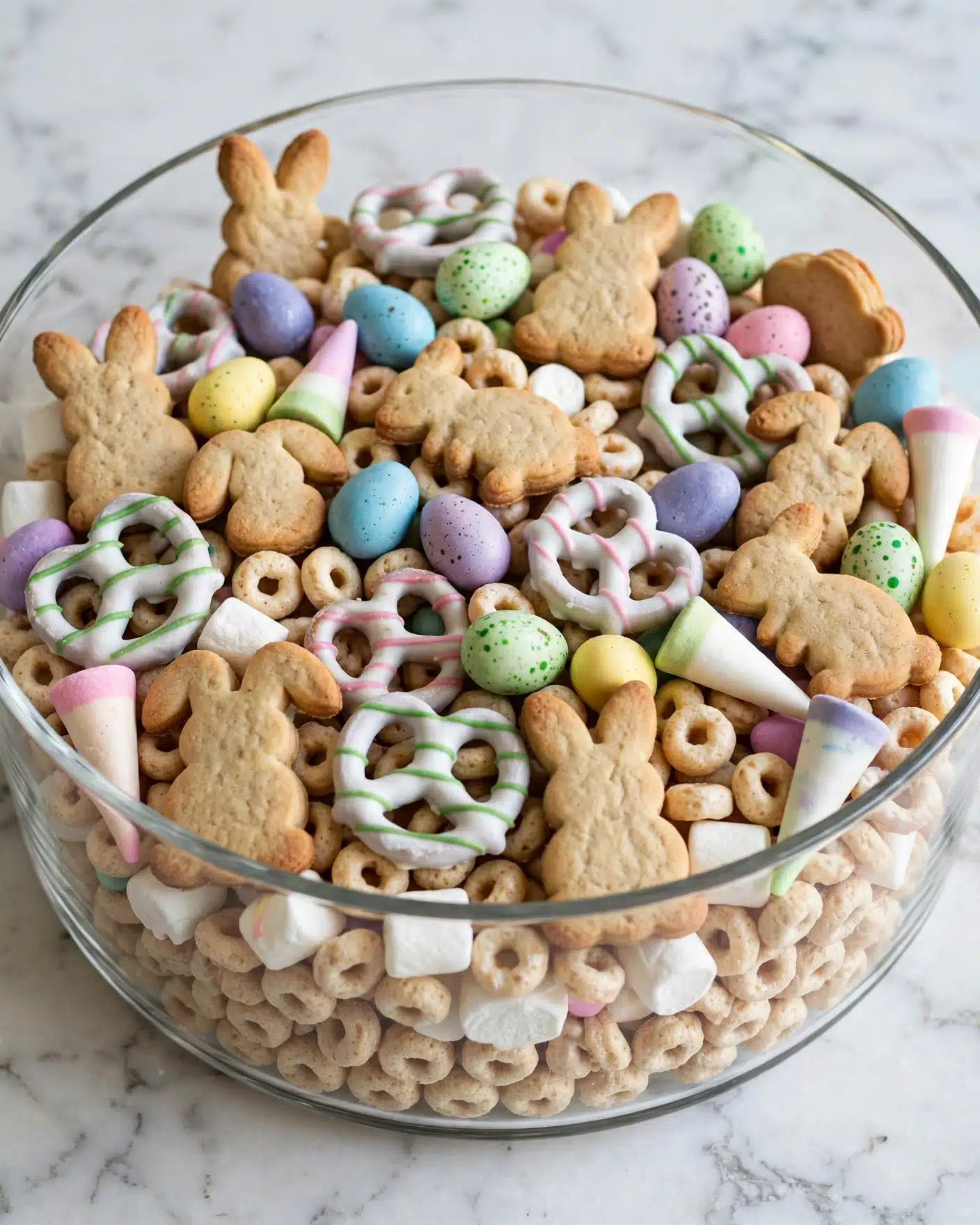 5 Minute Holiday Snack Mix Recipe 4 The image shows a mix of colorful Easter-themed snack pieces inside a clear bowl on a white marbled surface. The base layer is made of small, round, beige cereal loops. On top of this, there are light brown bunny-shaped cookies scattered all over. Mixed in are various pastel-colored small egg candies in shades of blue, purple, yellow, green, and pink, some speckled with green dots. There are also white candy-coated pretzels striped with green and pink icing scattered unevenly on the surface. Additionally, pastel candy cones in white with pink, green, and purple tips are spread around, plus a few small white marshmallow bits peeking out from underneath. Photo taken with an iphone --ar 4:5 --v 7