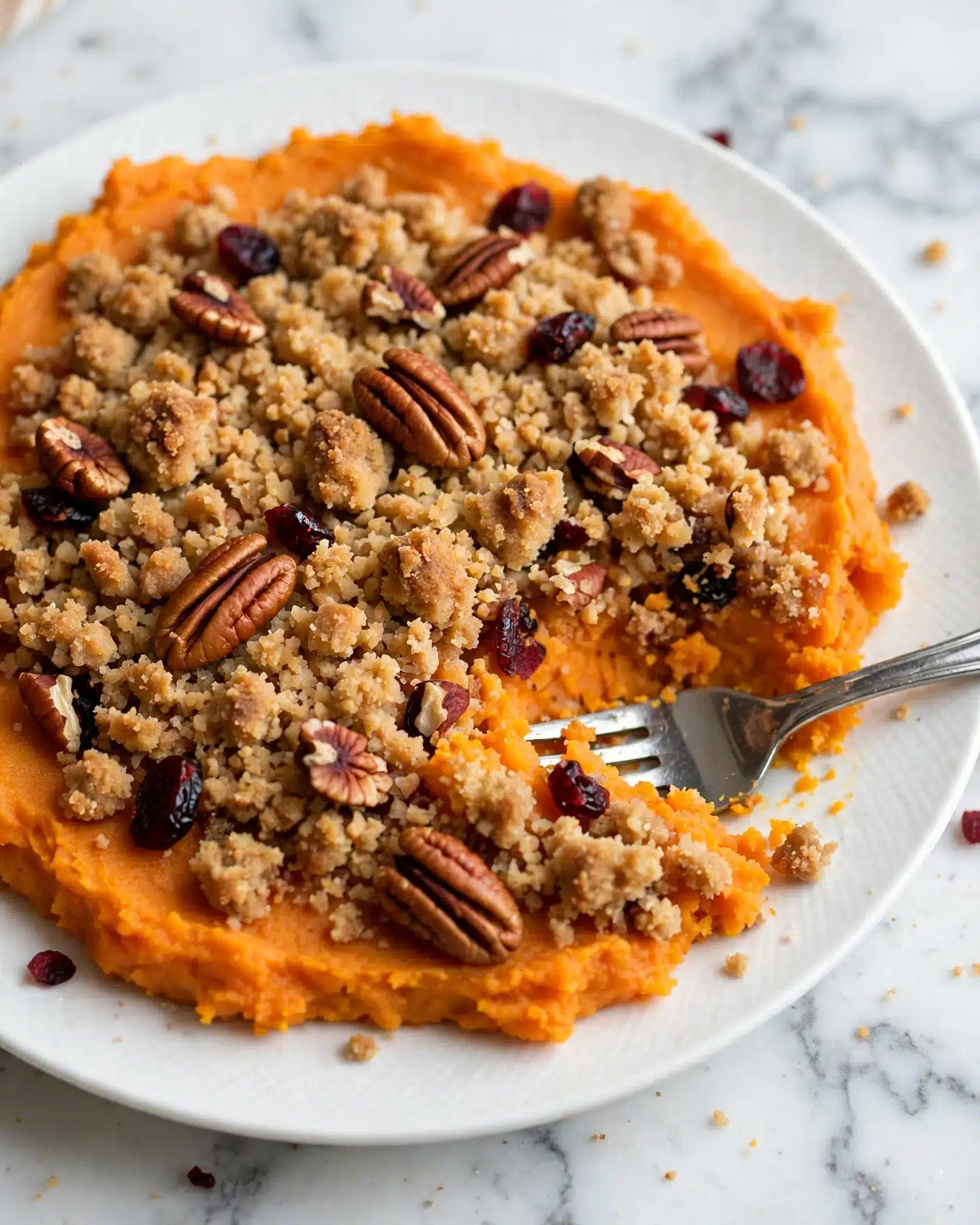Sweet Potato Casserole with Pecan and Cranberry Topping Recipe 5 The image shows a close-up of a sweet potato casserole on a white plate with a white marbled background. The dish has two main layers: the bottom layer is mashed sweet potatoes, bright orange and smooth in texture, spread evenly across the plate. The top layer is a crumbly, golden-brown streusel topping mixed with whole pecans scattered across, adding a crunchy texture and rich brown color contrast. Some dried cranberries are mixed in, adding small pops of dark red. A silver fork rests on the right side of the plate, slightly digging into the dish. Photo taken with an iphone --ar 4:5 --v 7