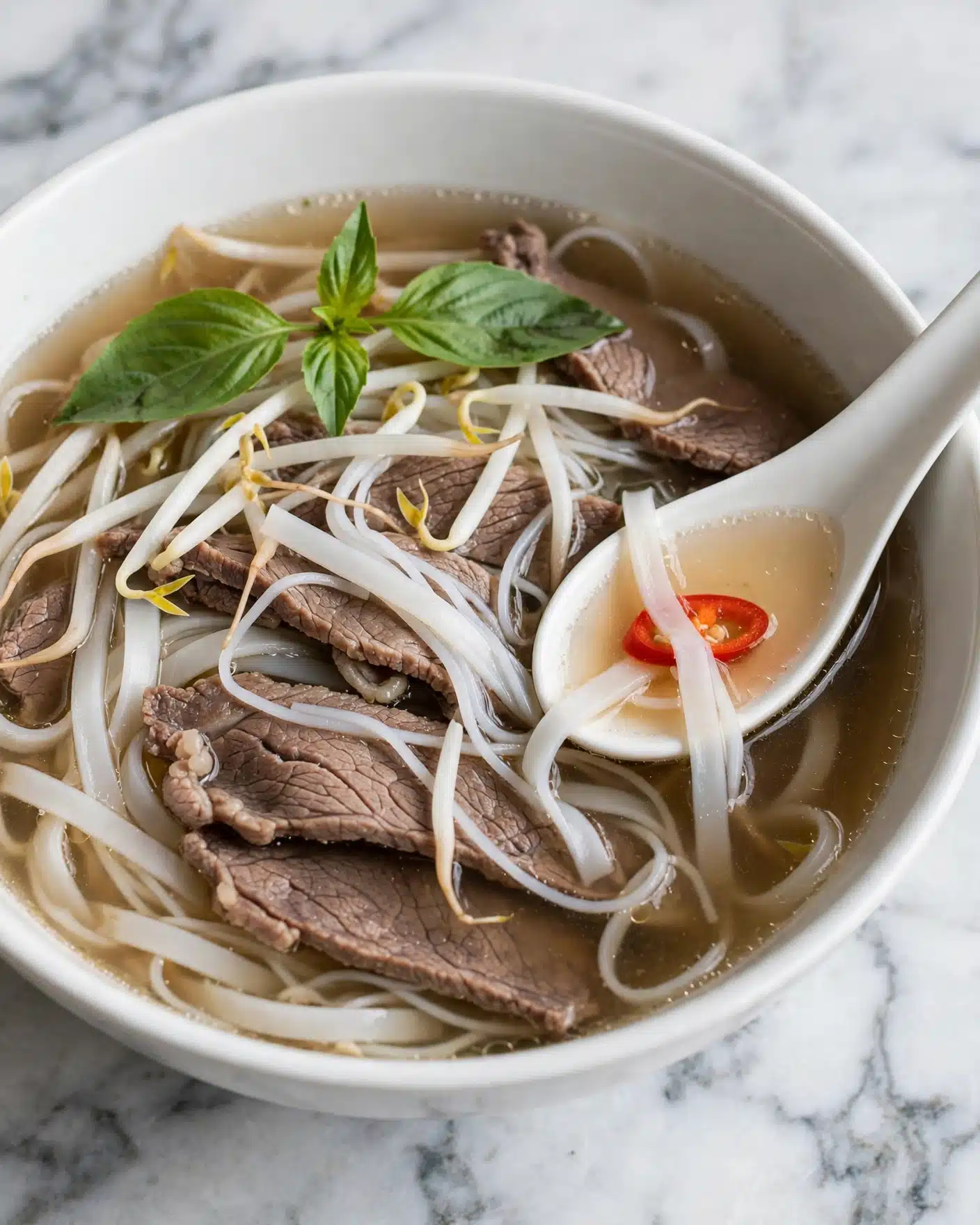 Authentic Vietnamese Pho Recipe 4 A close-up view of a white bowl filled with light brown clear broth and white rice noodles, showing layers of thick noodles mixed with thin slices of cooked beef and bean sprouts scattered lightly on top. Bright green basil leaves lie on the surface, adding fresh contrast. A white spoon rests inside the bowl, holding some broth, a few noodles, and a small red chili slice. The bowl is placed on a white marbled surface. photo taken with an iphone --ar 4:5 --v 7