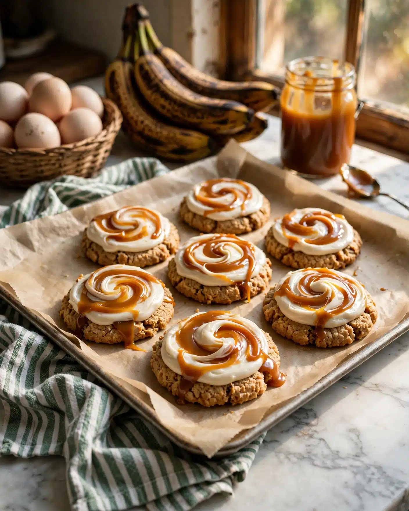 A tray of light brown cookies with a thick, white icing layer swirled with amber caramel sauce sits on parchment paper. Each cookie has one layer with a rough texture, topped by a smooth, creamy icing layer mixed with glossy caramel swirls. The tray is set on a white marbled surface with a green and white striped cloth underneath. In the background, ripe dark bananas, a basket with light-colored eggs, and a jar of amber sauce catch warm sunlight from a nearby window. photo taken with an iphone --ar 4:5 --v 7