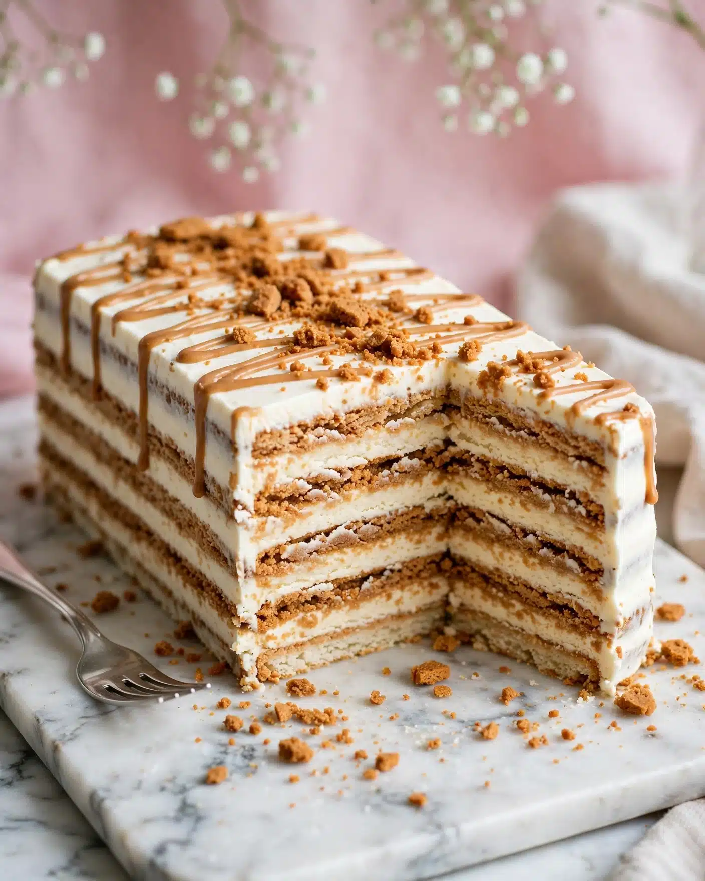 Simple No Bake Biscoff Icebox Cake Recipe 5 A close-up of a dessert shows six layers made of crumbly golden brown cookie-like layers alternating with creamy off-white filling. The top is covered with crumbs and a smooth cream layer. The dessert is on a white marbled surface with small white flowers in front. The background is soft and blurred. photo taken with an iphone --ar 4:5 --v 7