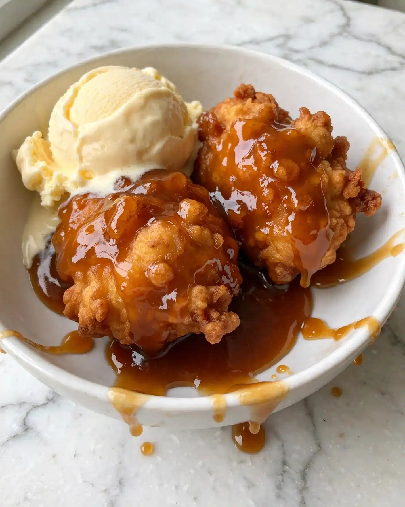 Easy Crescent Apple Dumplings Recipe 4 A white bowl holds two golden-brown fried pieces, soaked in a thick, shiny amber sauce, with a scoop of creamy, pale yellow vanilla ice cream resting on top to the left. The texture of the fried pieces is crispy and slightly bumpy, with the sauce dripping gently down the sides. The bowl sits on a white marbled surface. photo taken with an iphone --ar 4:5 --v 7