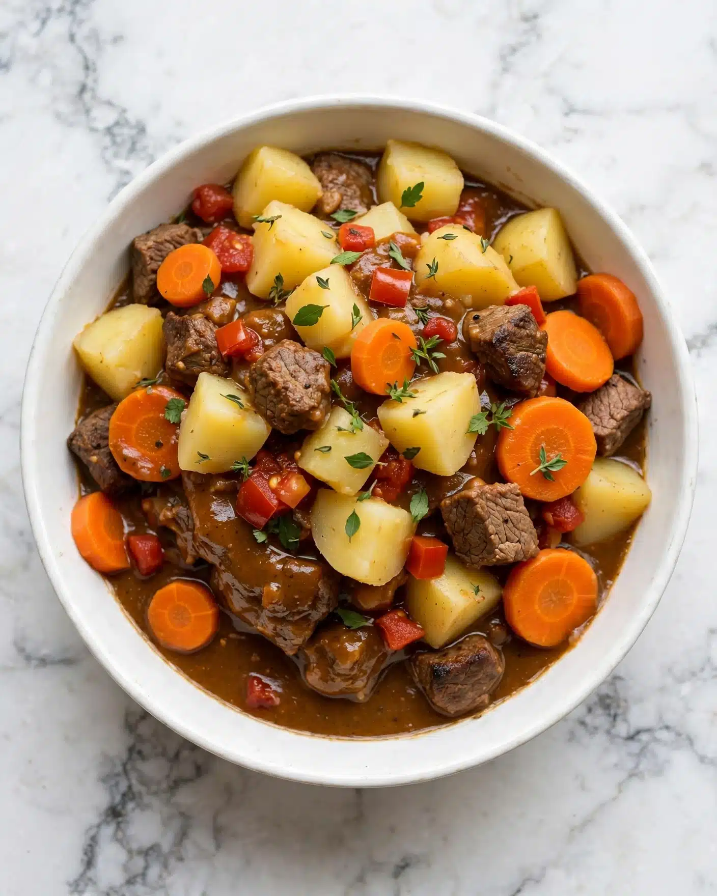 A white bowl filled with a stew consisting of several layers: the bottom layer has a rich, thick brown sauce; above it, there are chunks of soft yellow potatoes, round orange carrot slices, and small red tomato pieces; mixed throughout are browned meat pieces with a rough texture; the stew is topped with small fresh green herb leaves scattered on the surface. The bowl sits on a white marbled surface. Photo taken with an iphone --ar 4:5 --v 7