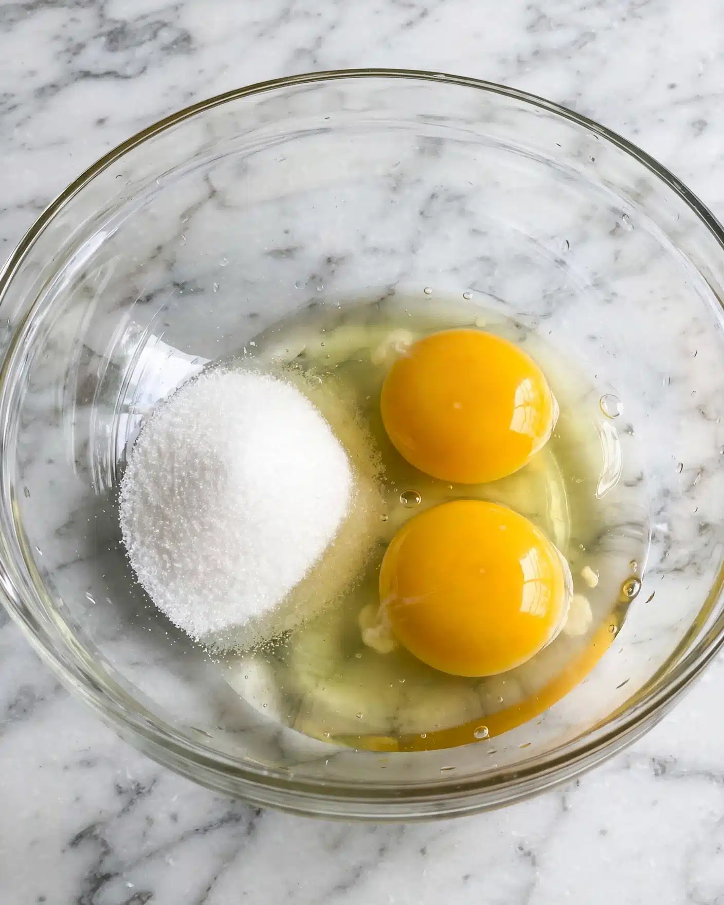 A clear glass bowl sits on a white marbled surface, holding two bright yellow egg yolks positioned on the right side, each surrounded by clear egg whites. Next to the eggs, on the left, is a neat pile of fine white sugar, creating a distinct contrast with the yellow yolks and transparent whites. The bowl's round shape and smooth glass texture are visible, with light reflecting softly on its surface, and the background is a white marbled pattern. Photo taken with an iphone --ar 4:5 --v 7