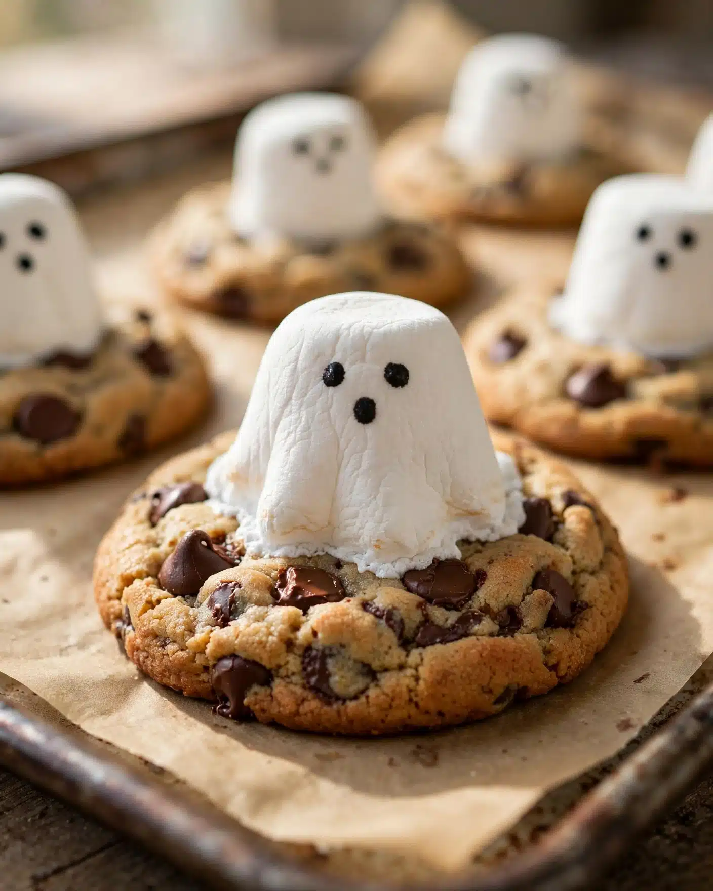 Spooky Ghost Chocolate Chip Cookies Recipe 4 A close-up view of four chocolate chip cookies on a baking tray lined with parchment paper sitting on a white marbled surface. Each cookie is topped with a large, white marshmallow standing upright in the center, with a small ring of white frosting around the base where the marshmallow meets the cookie. The marshmallows have three small black dots on them forming ghost faces. The cookies are golden brown with visible dark chocolate chips embedded across the surface, and the tray is partially visible with a white marbled background behind it. Sunlight shines warmly on the cookies, highlighting their soft and textured appearance. Photo taken with an iphone --ar 4:5 --v 7