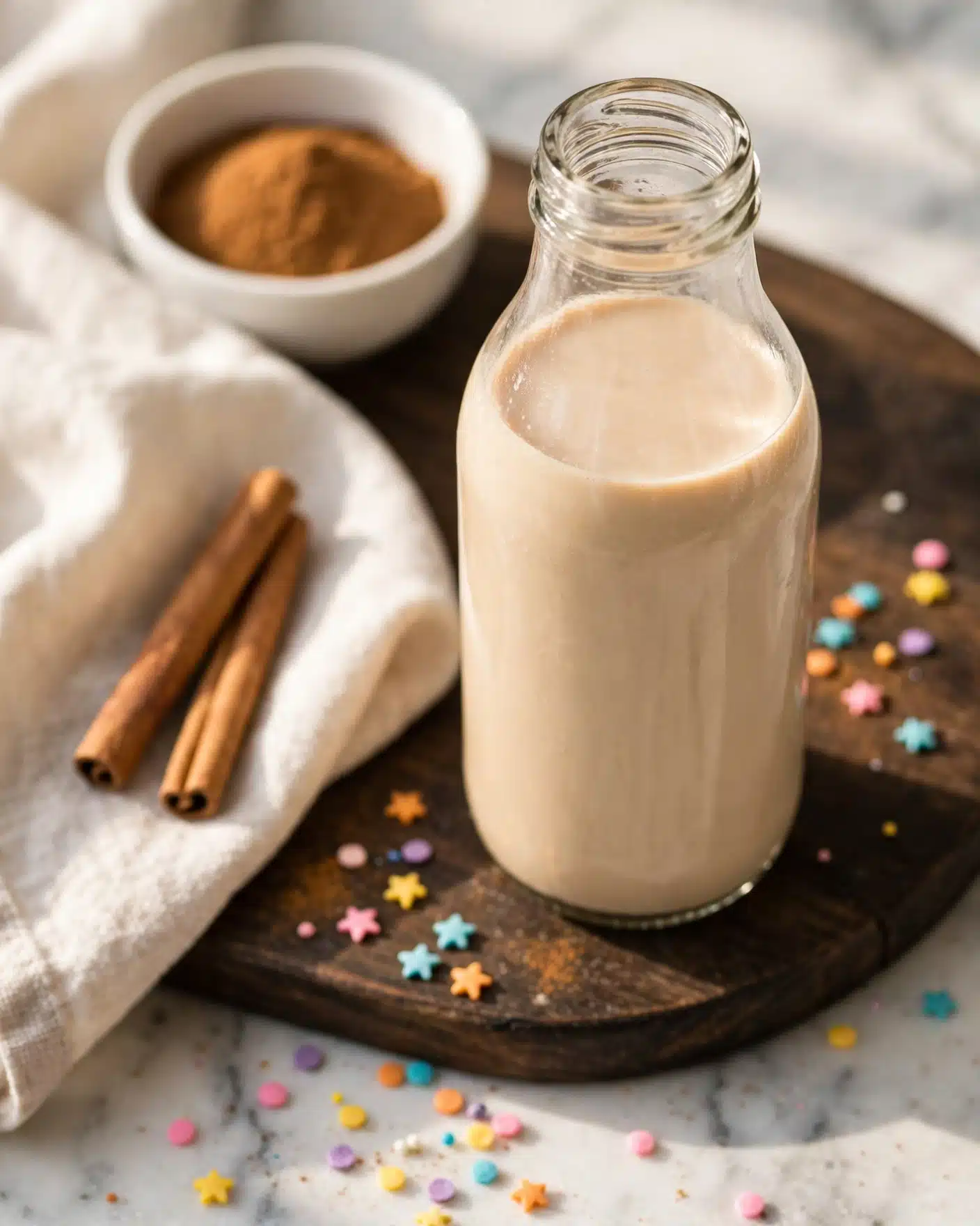Gingerbread Coffee Creamer Recipe 5 A clear glass bottle filled almost to the top with a smooth, creamy beige liquid sits on a dark wooden board. Nearby, two light brown cinnamon sticks rest on a soft, off-white cloth. In the background, a small white bowl holds a pile of finely ground cinnamon powder. Tiny colorful star and round sprinkles scatter on the wooden board and the white marbled surface beneath. The scene is soft and cozy, with warm, natural light. photo taken with an iphone --ar 4:5 --v 7