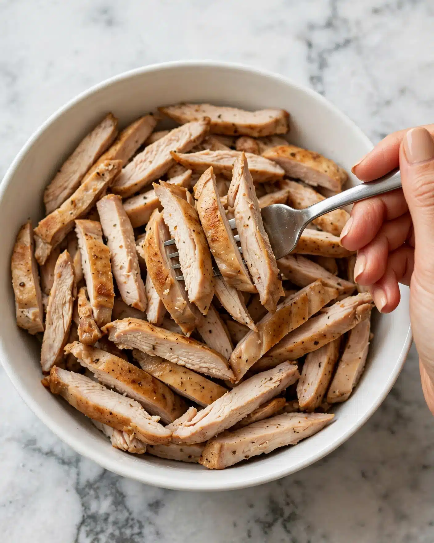 Slow Cooker Chicken Fajitas Recipe 4 The image shows many slices of cooked chicken pieces placed close to each other in a white bowl. The chicken is cut into small, thin strips with a light brown outer layer from cooking and a white inside. The bowl sits on a white marbled surface. A woman's hand is seen holding a metal fork, picking up some pieces from the bowl. photo taken with an iphone --ar 4:5 --v 7