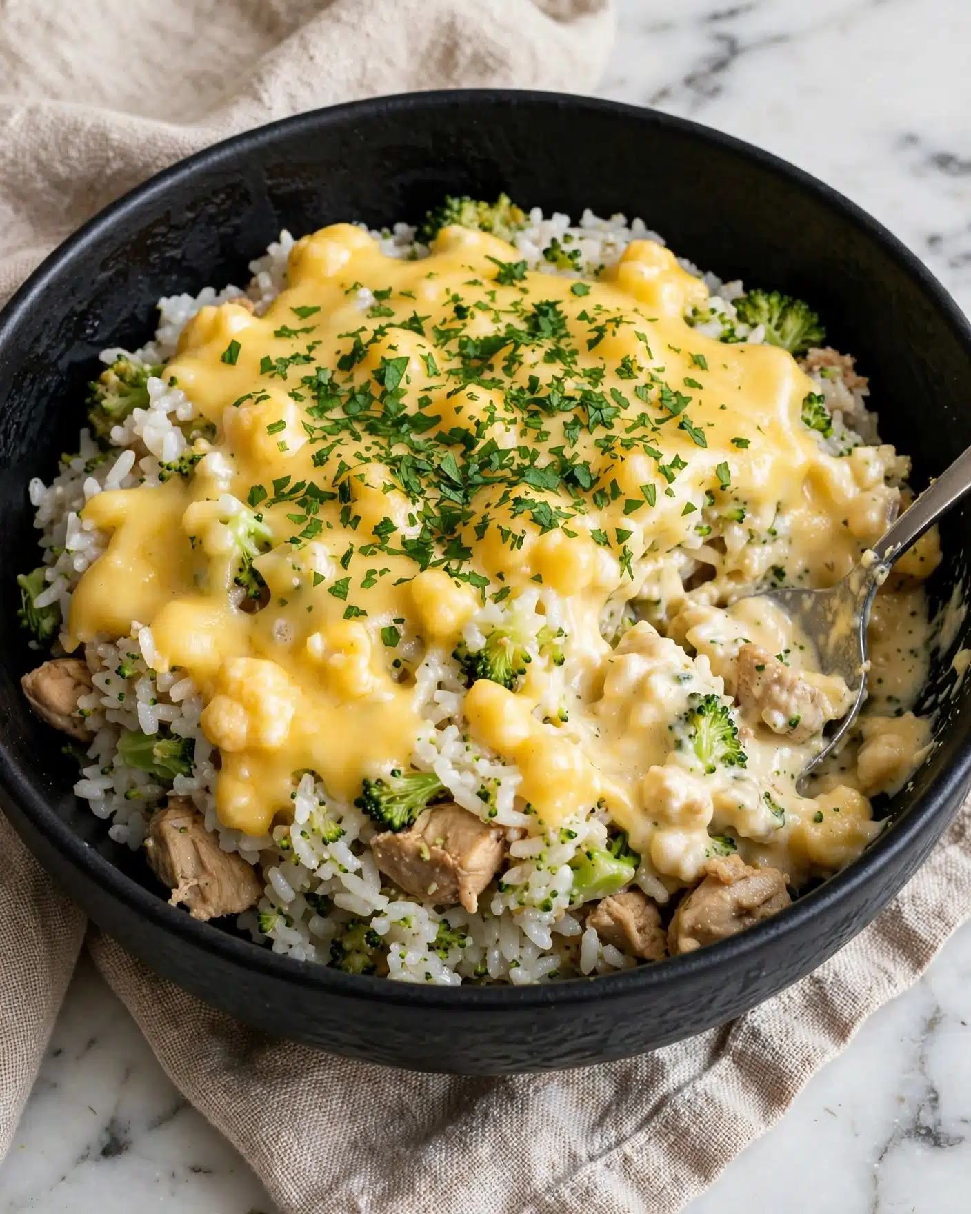 One Pot Broccoli, Chicken and Rice Casserole Recipe 5 A black bowl filled with a creamy dish made of three main layers: at the bottom, soft white rice mixed with small green broccoli pieces and tender light brown chicken chunks; the middle layer has melted yellow cheese spread unevenly over the rice and broccoli; the top layer is garnished with finely chopped green herbs. The texture of the dish looks smooth and thick with some small lumps of cheese. A silver spoon is partially sunk into the right side of the bowl, resting on the creamy mixture. The bowl sits on a textured beige cloth that lays over a white marbled surface. Photo taken with an iphone --ar 4:5 --v 7