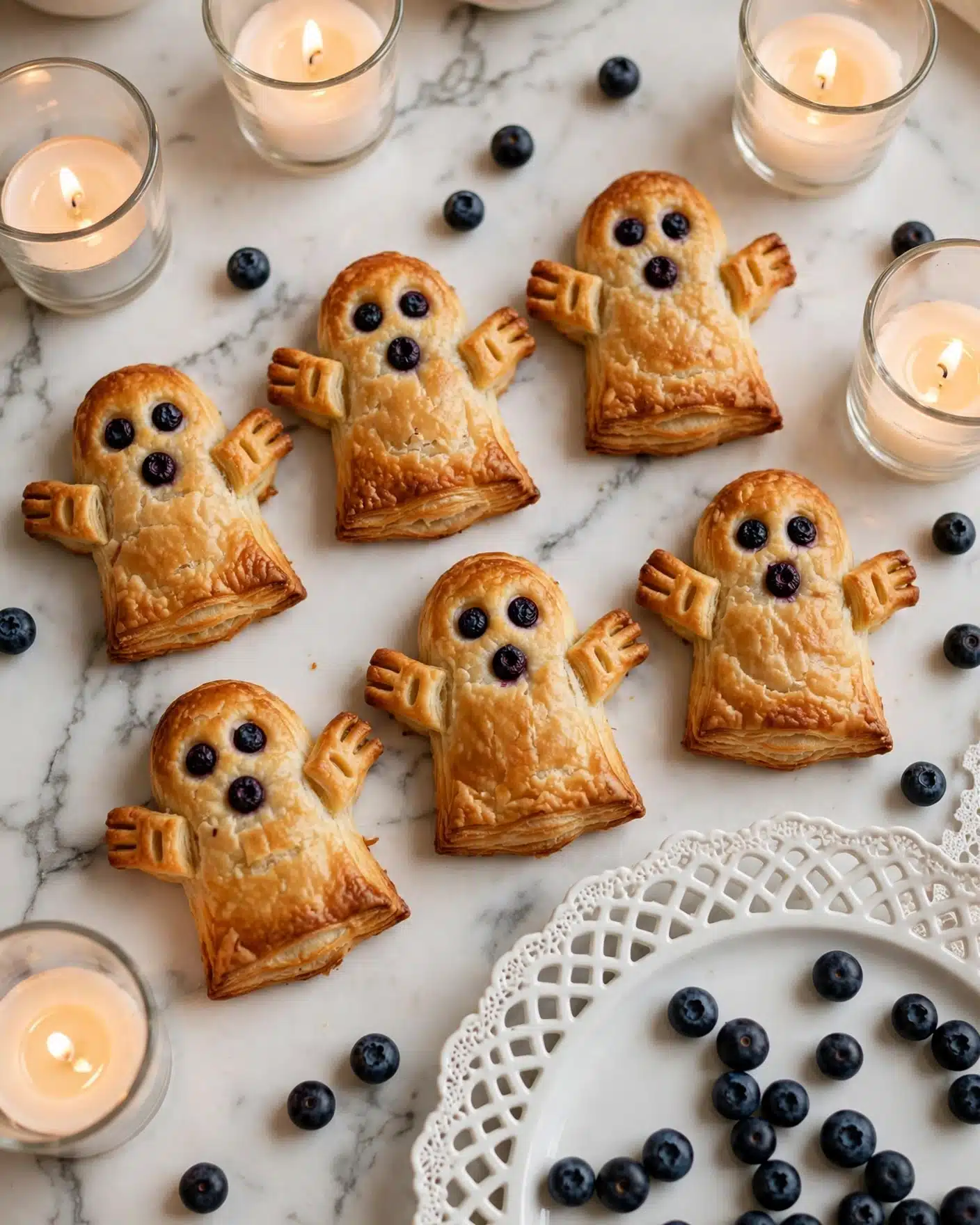 Vegan Blueberry Ghost Hand Pies Recipe 5 The image shows a baking tray lined with a tan silicone baking mat, on top of which are small, ghost-shaped pastries being made. Each ghost has two layers: the bottom layer is raw dough shaped like a ghost with a dark purple berry filling in the middle, and the top layer is a plain dough ghost covering the filling. Some of the ghosts have small black dots for eyes and mouths. A woman's hand is pressing down the edges of one ghost with a silver fork to seal it. The background is a white marbled texture. photo taken with an iphone --ar 4:5 --v 7